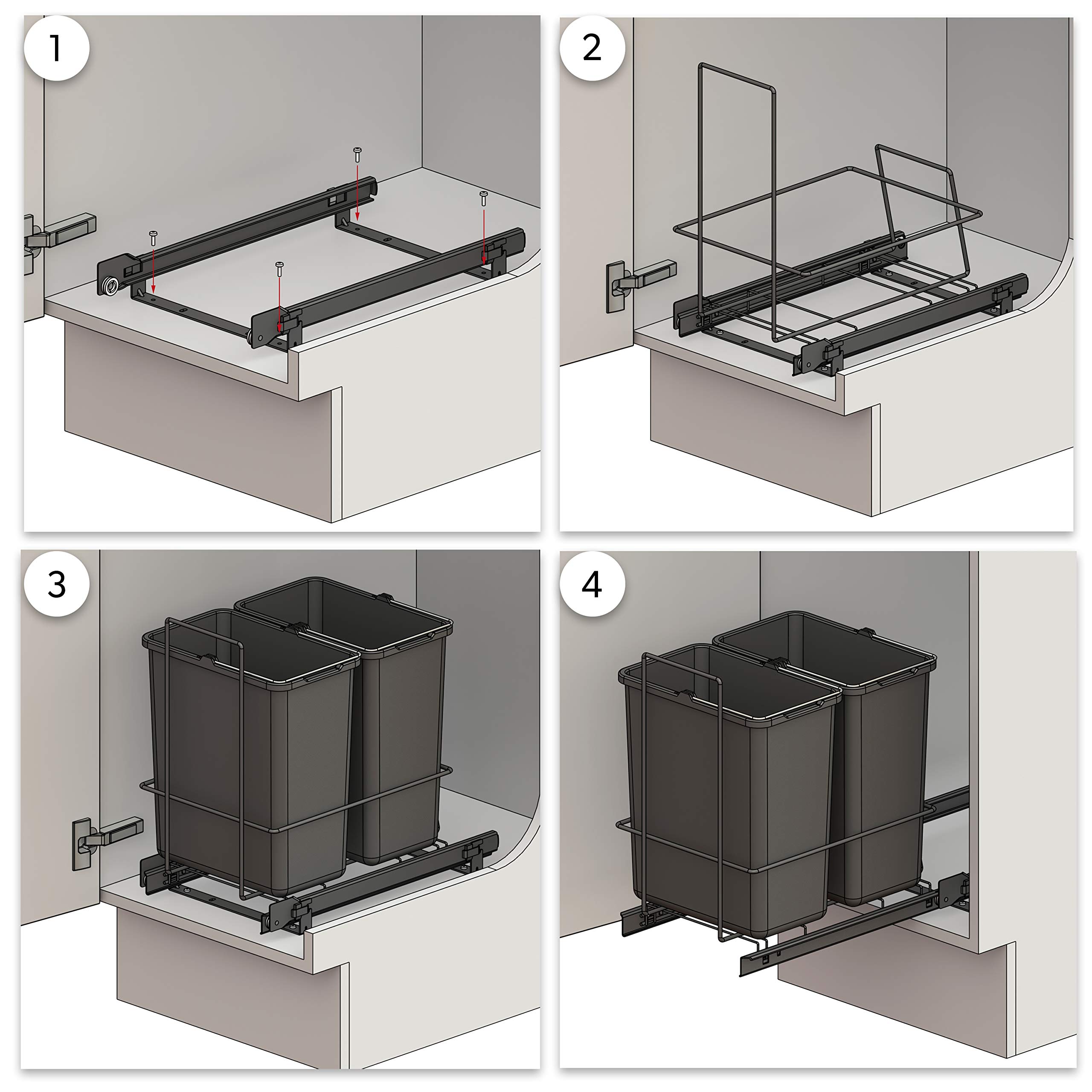 LM 62/2 Einbau Mülleimer ausziehbar mit 2x10L Abfalleimer Korbauszug Weiß 25,8x41,4x39,5 cm - Duo Mülltrennsystem für die Küche Unterschrank