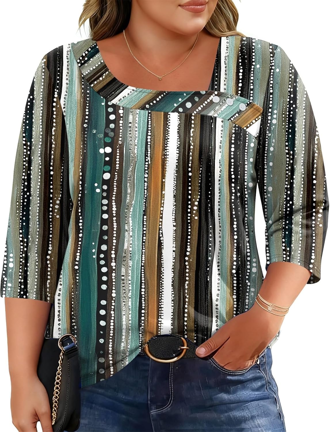 LOMON Womens Plus Size Tops 3/4 Length Sleeve T Shirts Asymmetrical Neck Blouses for Women Fashion 2026