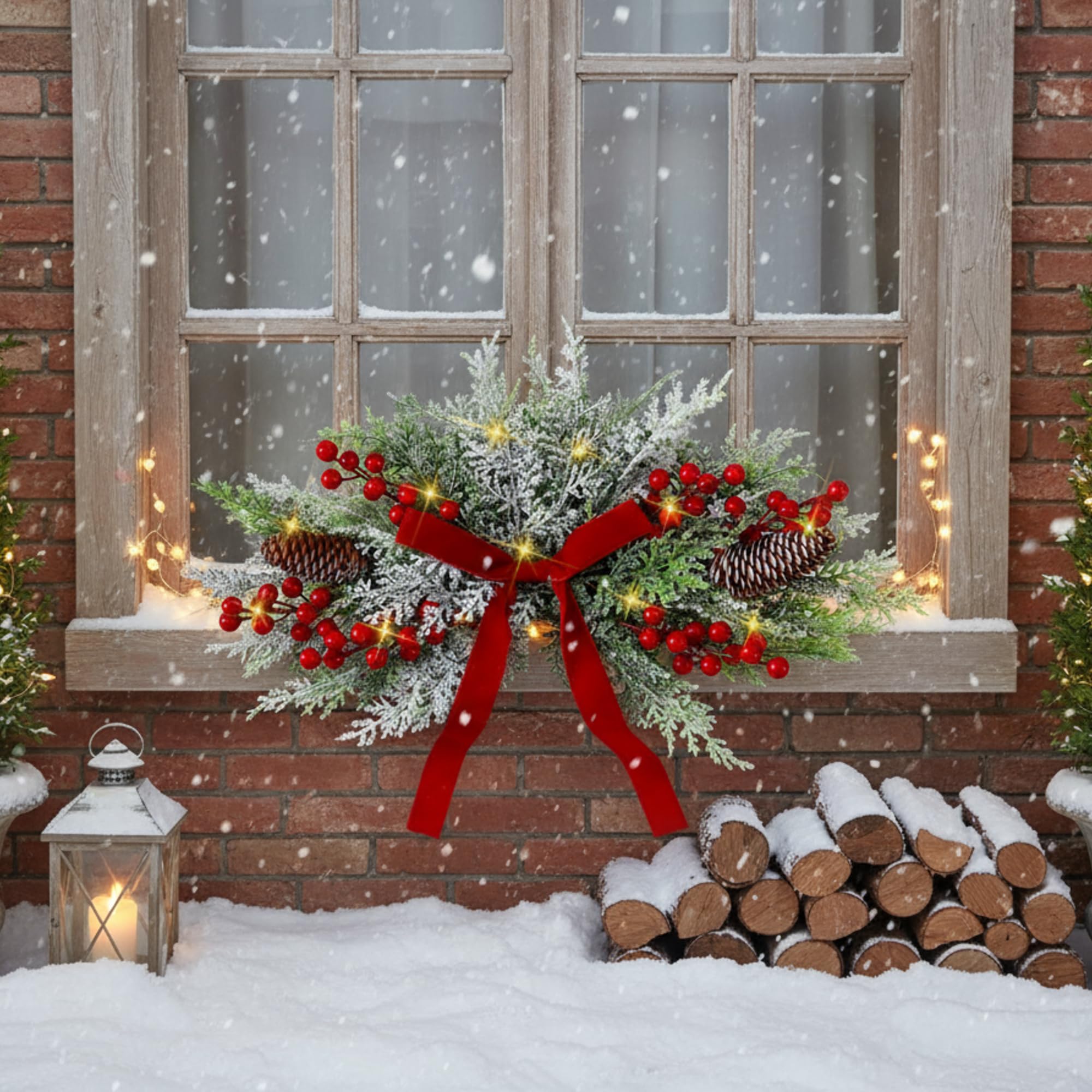 Giegxin Guirlande de Noël artificielle en cèdre givré de 61 cm avec nœud rouge et lumières LED pour porte d'entrée, guirlande de sapin de Noël, couronne de Noël synthétique pour boîte aux lettres