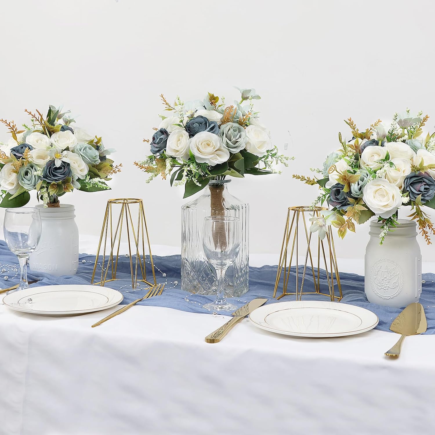 Set of 6 Bridesmaid Bouquets for Wedding - 7 Inch Artificial Rose Flower Bouquet for Bridesmaids Premade Floral Bouquets Party Ceremony Anniversary Decor - Dusty Blue - Image 6