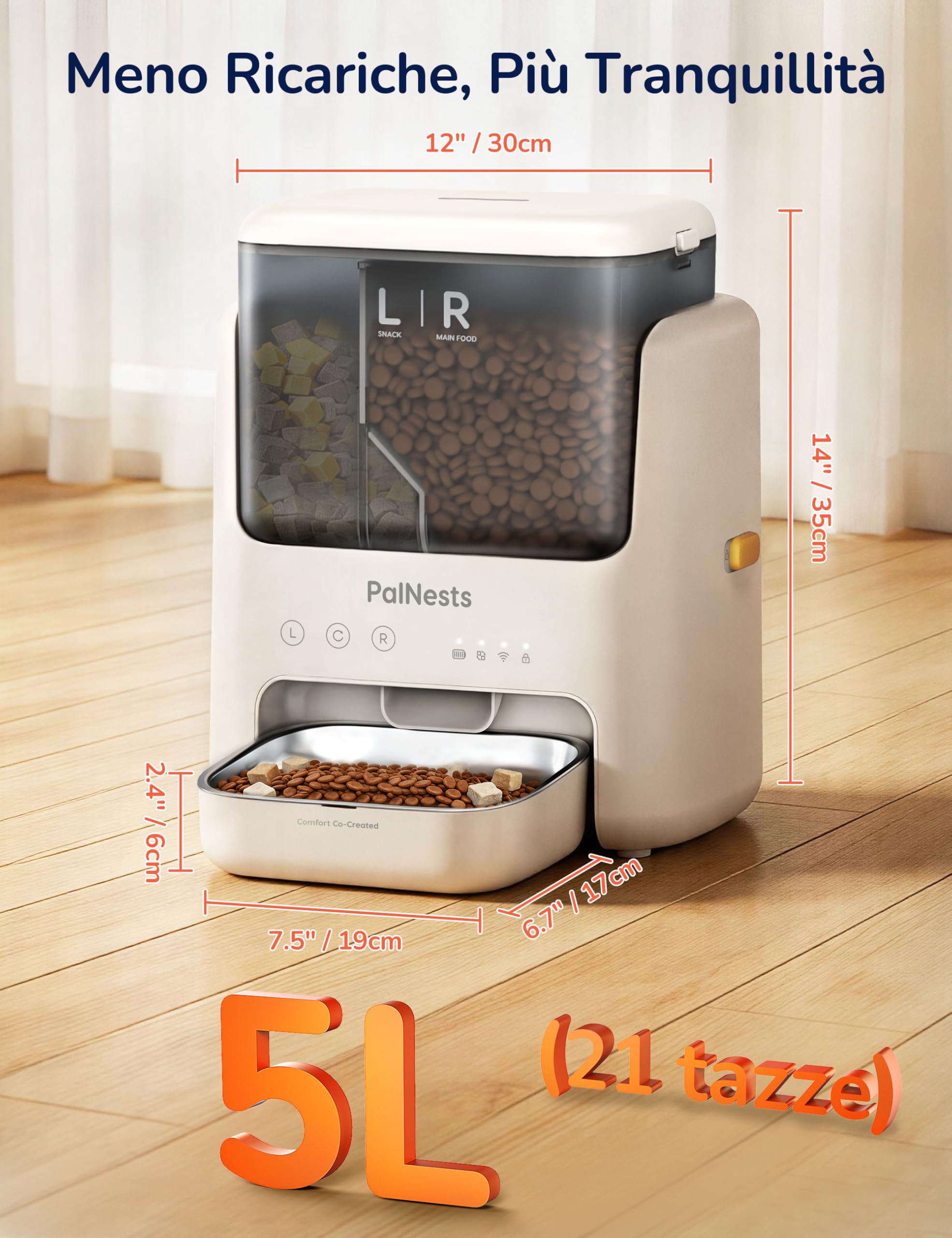 5L Distributore Automatico Cibo Gatti e Cani, WiFi 2.4G/5G con APP, Distributore a Doppio Scomparto, Timer Programmabile 1-10 Pasti al Giorno per 1-12 Porzioni, Ciotola in Acciaio Inox 304