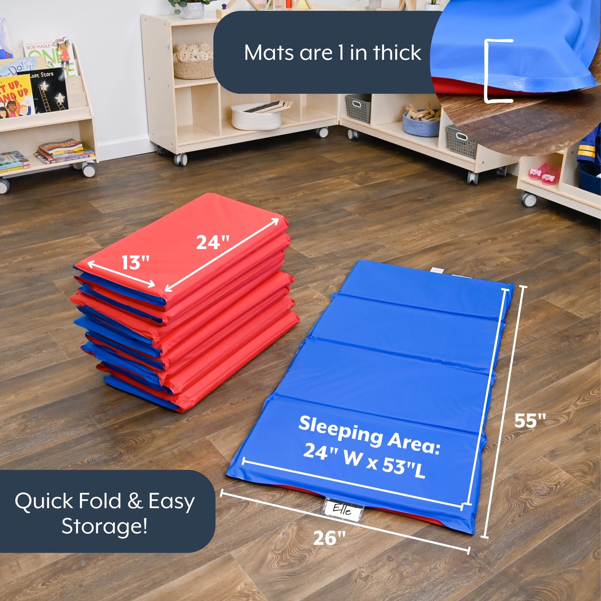 Children’s Factory 1 Inch Thick Rest Mats for Preschool, 4-Section Nap Mats for Daycare, Nursery, Classroom, Red-Blue, 10 Pack