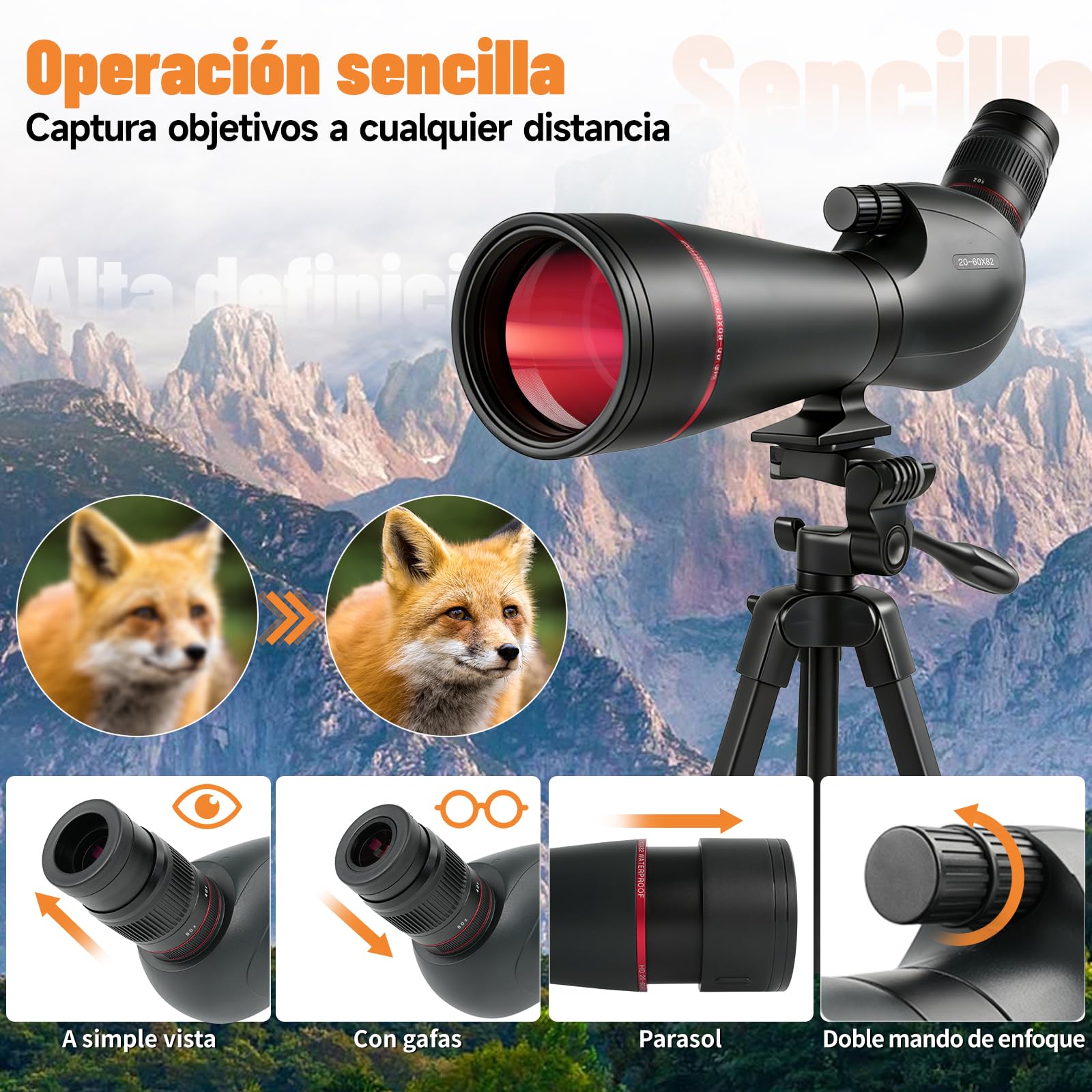 Telescopio Terrestre 20-60×82 mm HD | Prisma Porro BAK4 FMC, Ocular 27 mm, IPX7 Impermeable | Trípode + Adaptador Teléfono para Observación Aves, Caza, Tiro