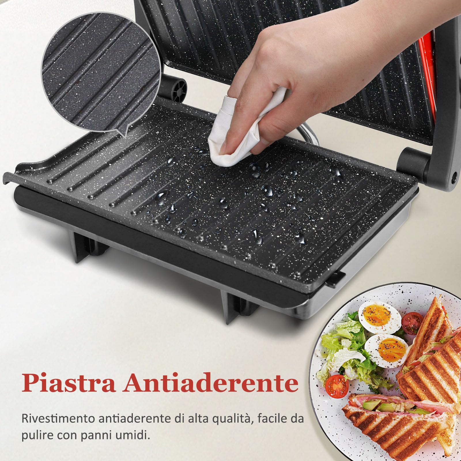 Aigostar Tostapane Piastra/Griglia Elettrica e Sandwich Maker 3 in 1, Con Piastra Antiaderente, 23 x 14,5 cm, Apertura a 180º, Temperatura Automatica, Piastra Elettrica per Cucinare 1000W, Warme