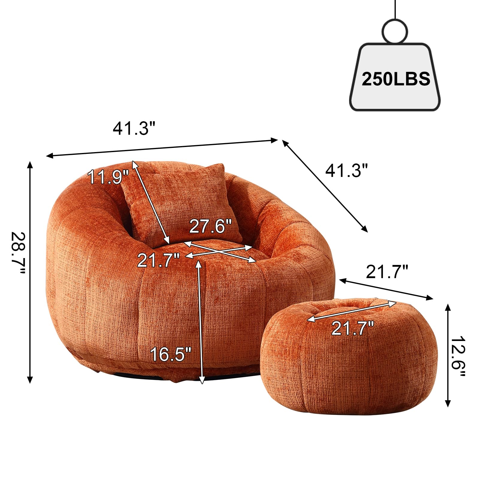 Luteren Giant Chenille Bean Bag Chair With Ottoman – Memory Foam Filler, Large Lounger - View #4