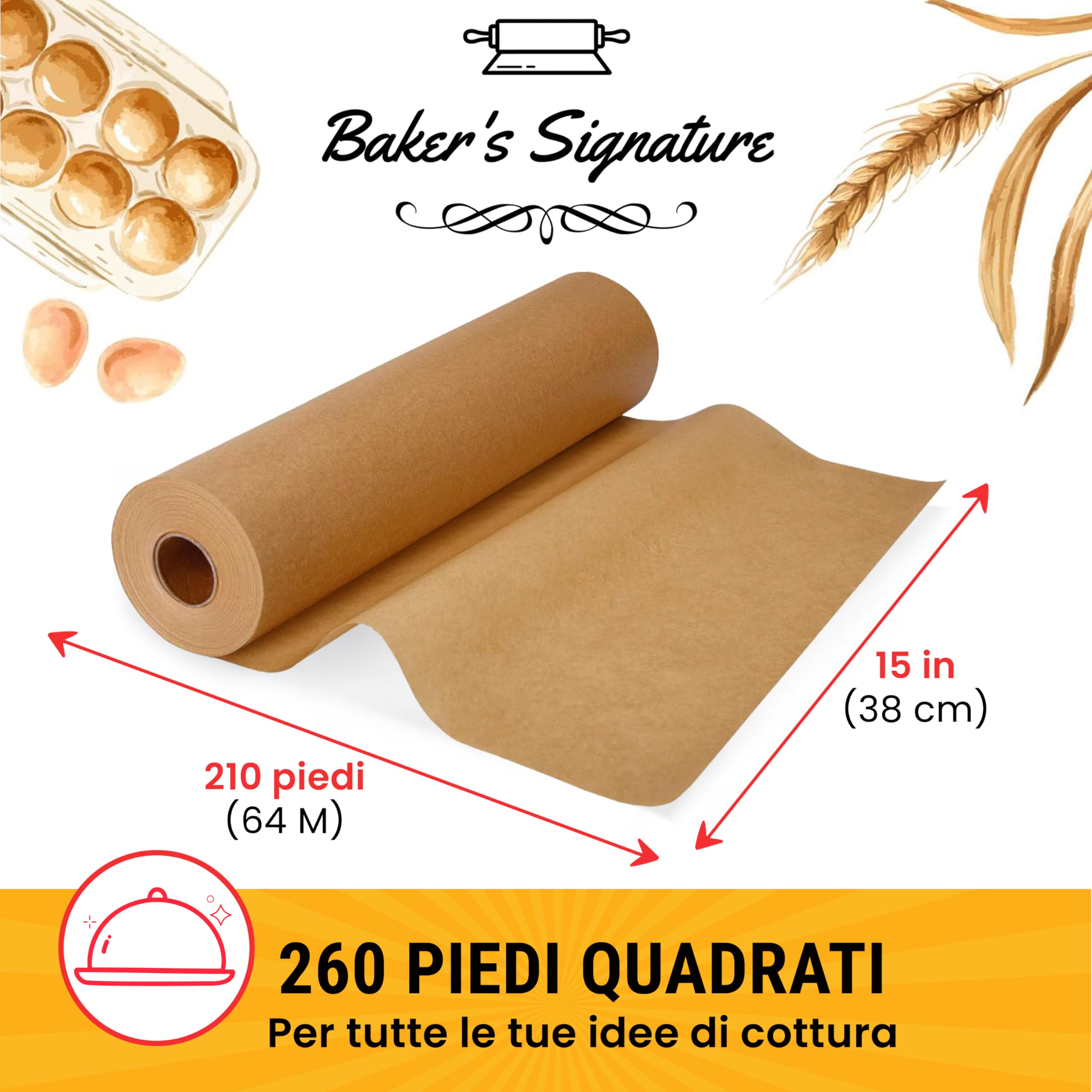 Carta Forno Rotolo Non Candeggiata per Cucinare – Carta da Forno da 38cm x 64m con Taglierina, Carta Antiaderente - Unbleached Parchment Paper - Friggitrice ad Aria da Baker's Signature