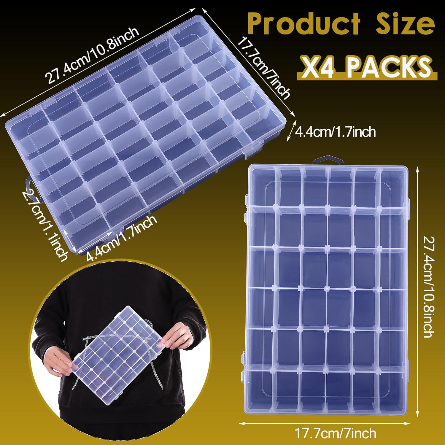 4 Pack Plastic Organizer Box, 36 Grids Bead Storage Containers with Adjustable Divider, Organizer Box for Bead Art DIY Craft Jewelry Fishing with 512 Label Stickers