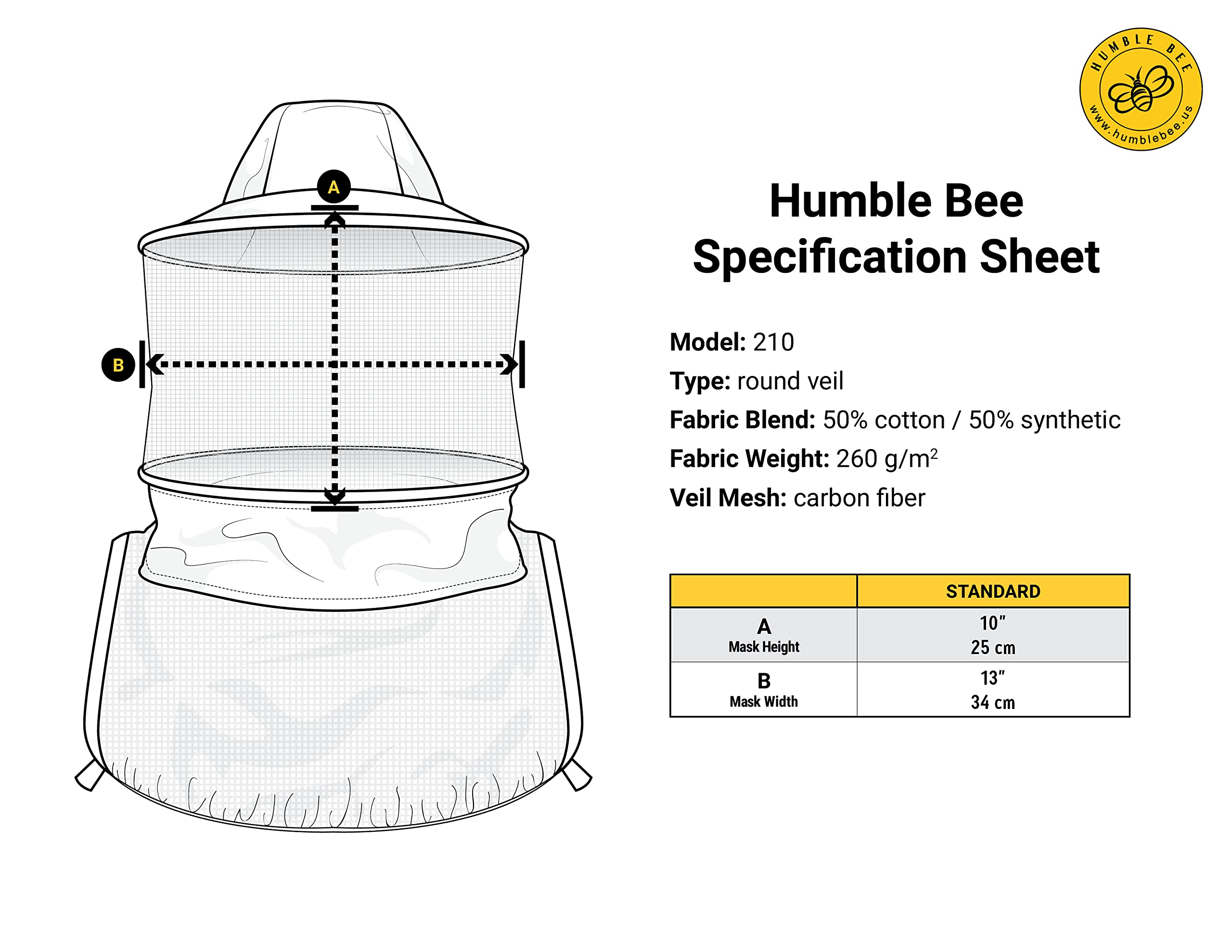Humble Bee 210 Cappello in Polycotone Maschera Rotonda con Velo di Protezione per Apicoltura