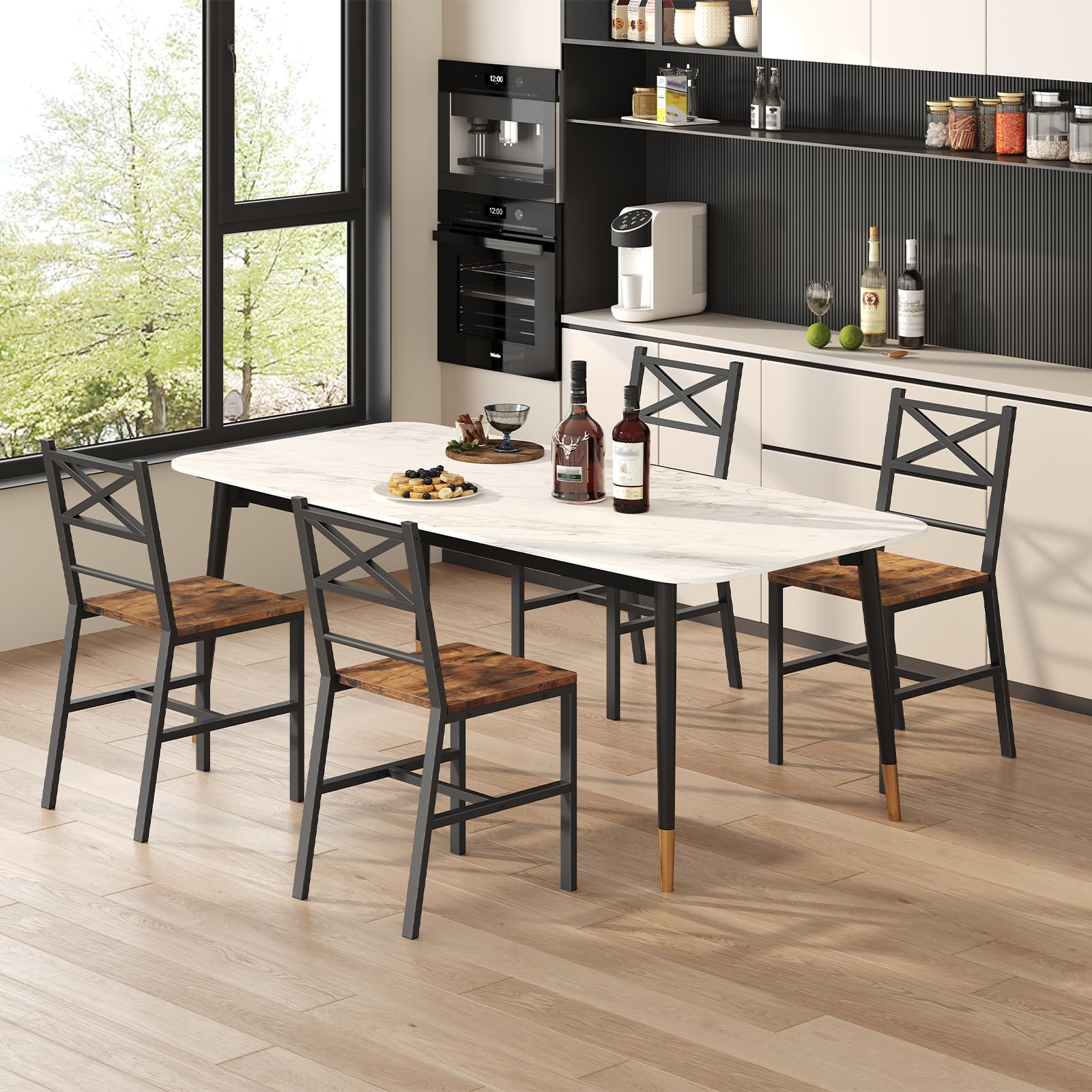 Juego de 2 sillas de comedor de madera rústica con respaldo, sillas de comedor de granja para cocina, silla de estilo industrial con marco de metal, fácil montaje, marrón rústico TBHR1001 2