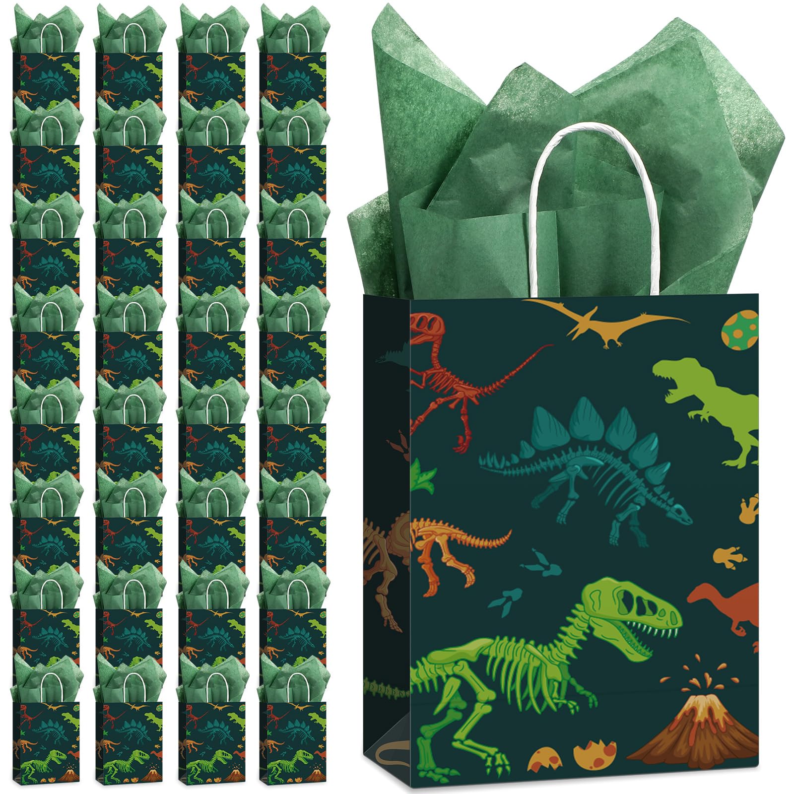 Capoda Dinosaur Favor Tote Bags with Tissue Paper Green Dino Treat Candy Goodies Gift Bags with Handle for Boy Girl Dinosaur Themed Birthday Baby