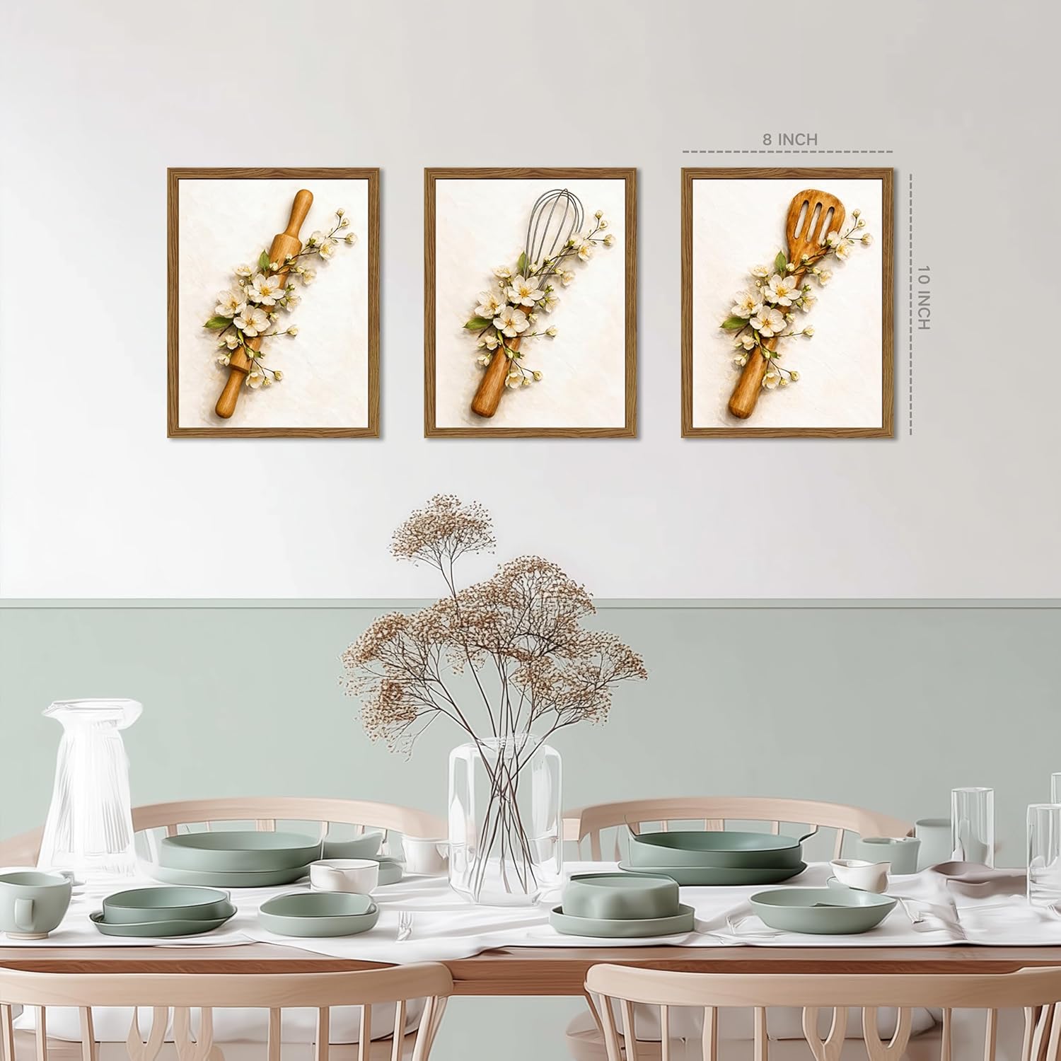 Modern Kitchen Wall Decor Set of 3 Framed Canvas Prints – Minimalist Botanical Floral Plant Artwork with Kitchen Utensil Design for Dining Room, Farmhouse Home Decor, 8x10 Inch