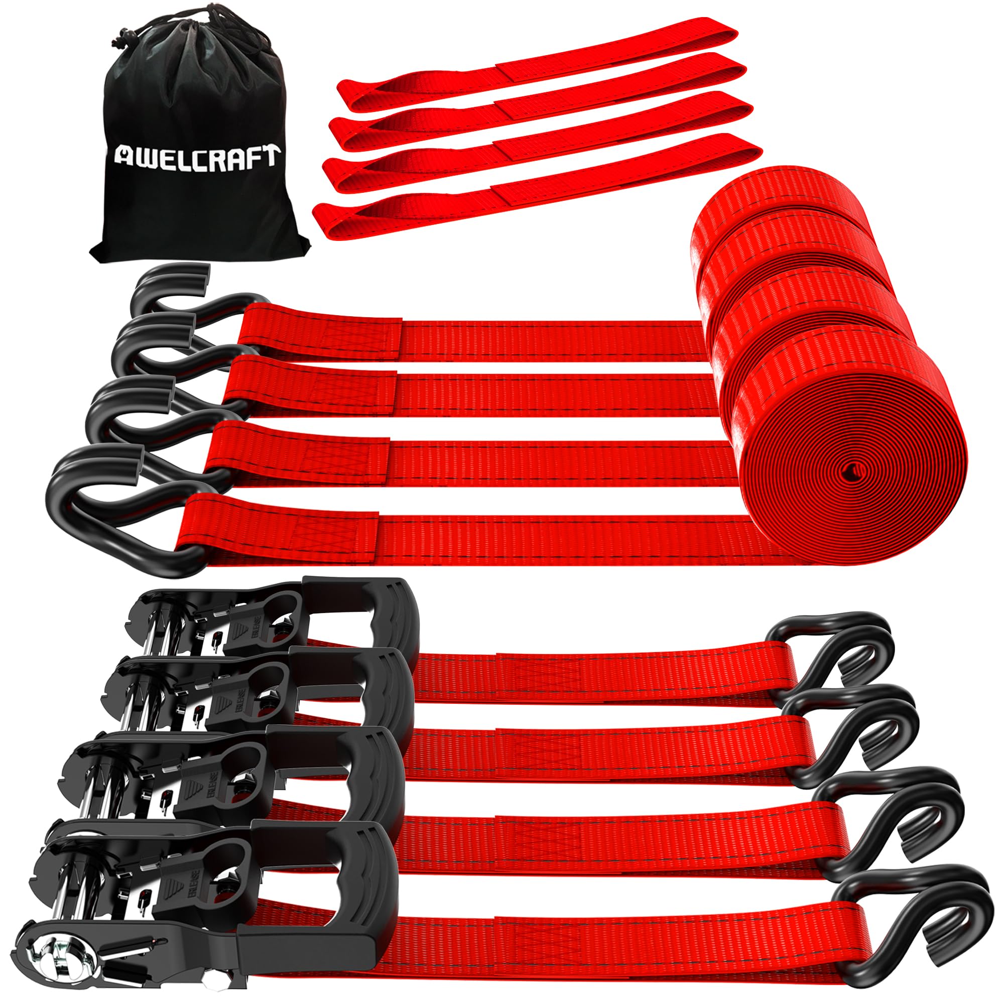 Ratchet Straps (4PK) - 3300lbs Breaking Strength 1.5''×10' Heavy Duty Tie Down Straps with Padded Handles, Double J Hooks & Soft Loops for Moving Motorcycle, Trailer & Trucks (Red)