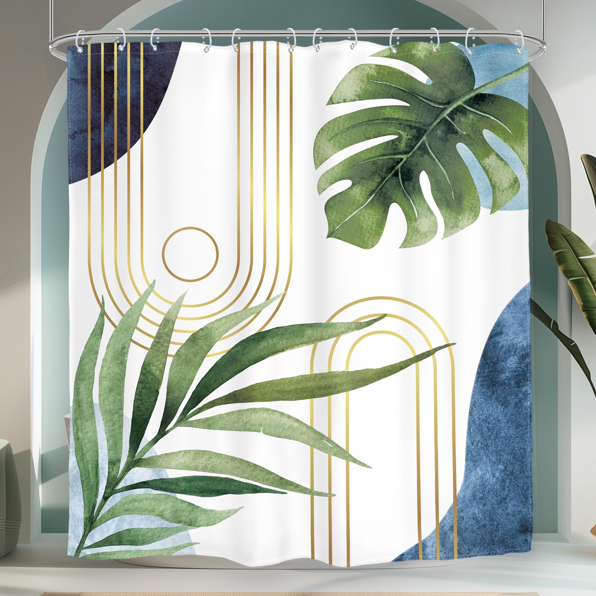 Glawry Boho Blue Green Shower Curtain Mid Century Abstract Tropical Palm Leaf Modern Minimalist Plant Botanical Bathroom Geometric 60Wx72L Inches Bath