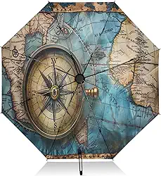 Guarda-chuva grande à prova de vento com abertura automática, guarda-chuva dobrável, 8 costelas à prova de chuva, guarda-chuva reverso para viagens de golfe (mapas do mundo vintage)