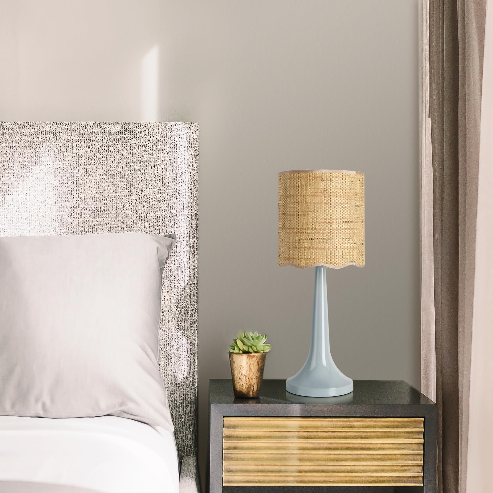 Light Blue Rattan Small Table Lamp for Bedroom, Light Blue Bedroom Lamps for Bedside Nightstand, Small Rattan Shade Table Shape Lamps for Small Spaces for Bedroom, Home Office, Living Room, Kids Dorm