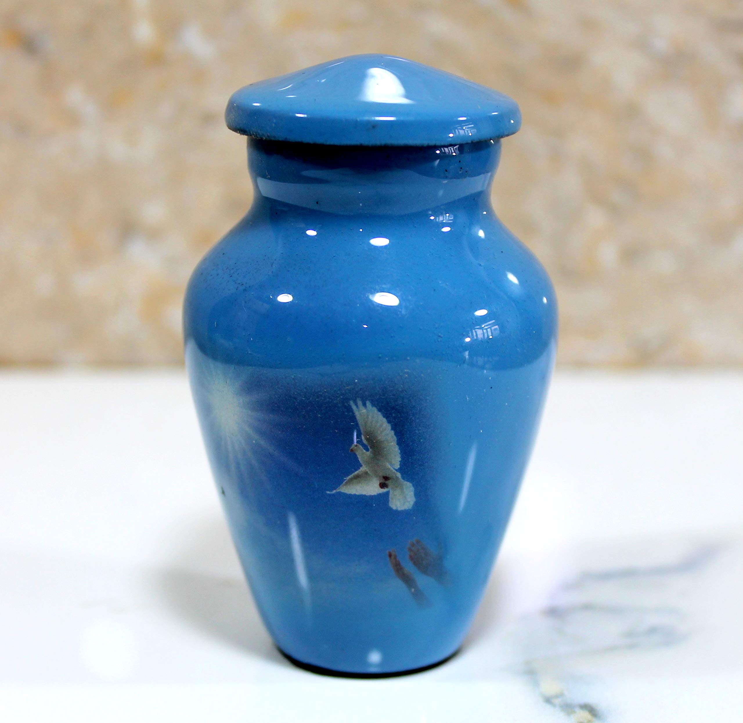Esplanade Mini urna de cremación de metal, contenedor conmemorativo para recuerdo de cenizas funerarias, recuerdo impreso de paloma blanca, azul, 3 pulgadas