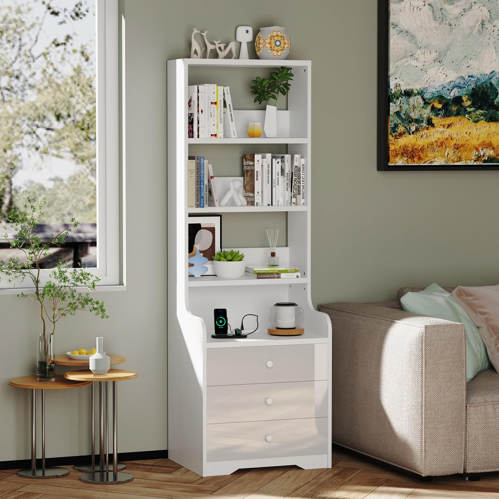 Comodino Camera da Letto Moderno Con Stazione di Ricarica, Comodini Camera da Letto con 3 Scomparti a 3 Cassetti, Grande Tavolino da Letto Tavolo da Divano Soggiorno 40x50x176cm Cassettiera Bianco