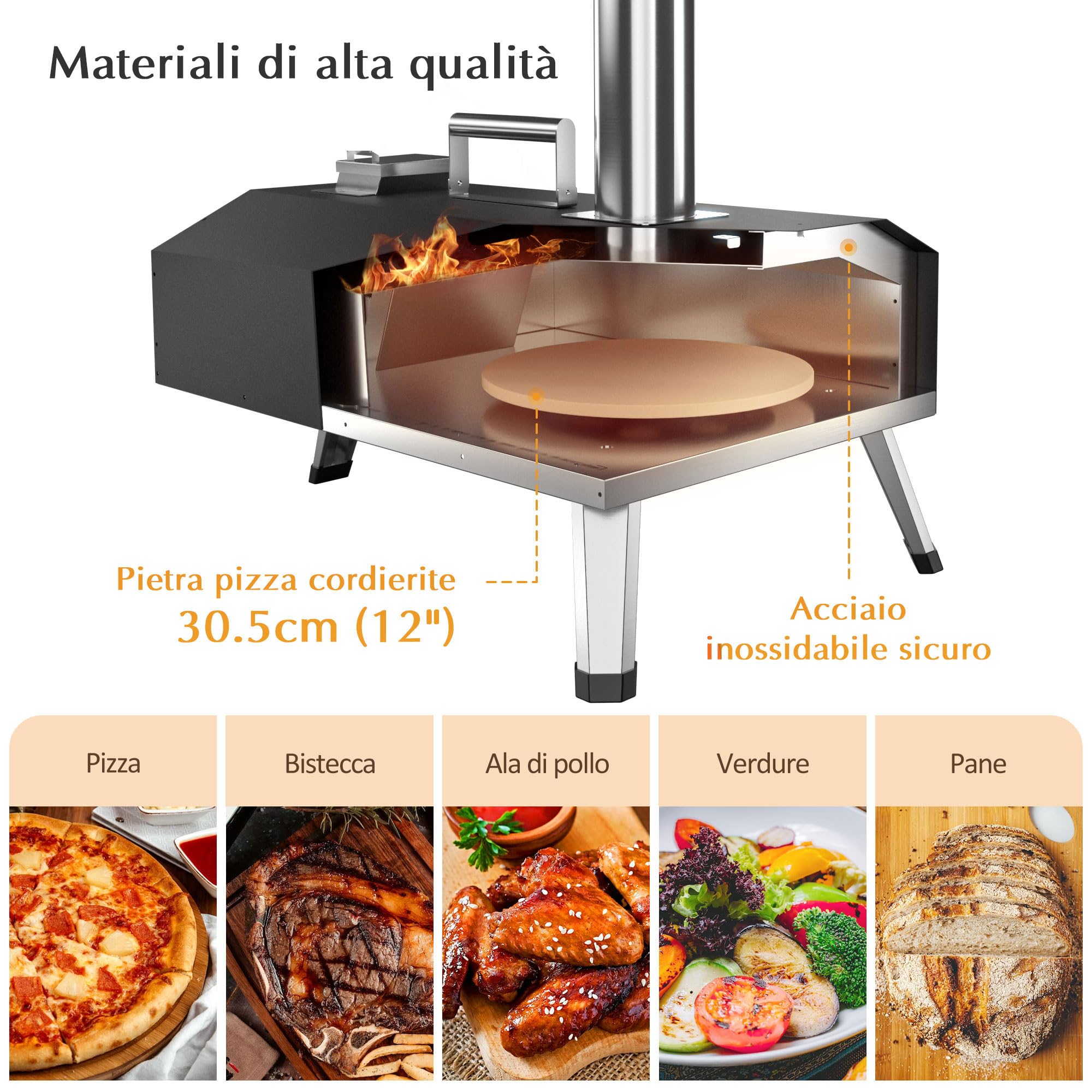 Forno per Pizza da Esterno KitchenBoss Acciaio Inox 12'' Palla e Pietra per Pizza Pellet Carbone Bricchette