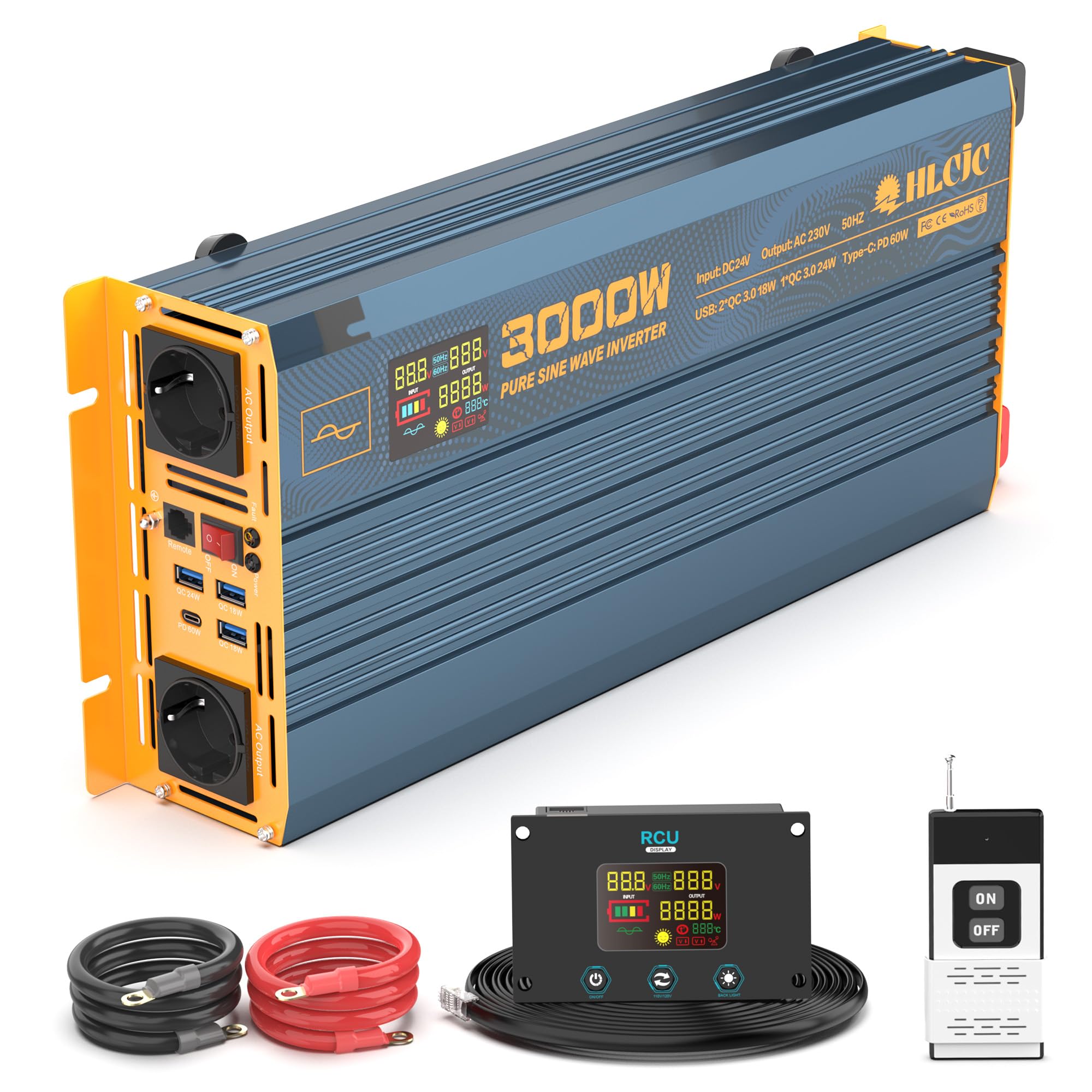 Trasformatore di tensione 3000 W24 V, inverter sinusoidale puro da 24 V a 230 V, con presa 2 EU, 1 USB C, 3 ricarica rapida, display LCD per camper camion e auto