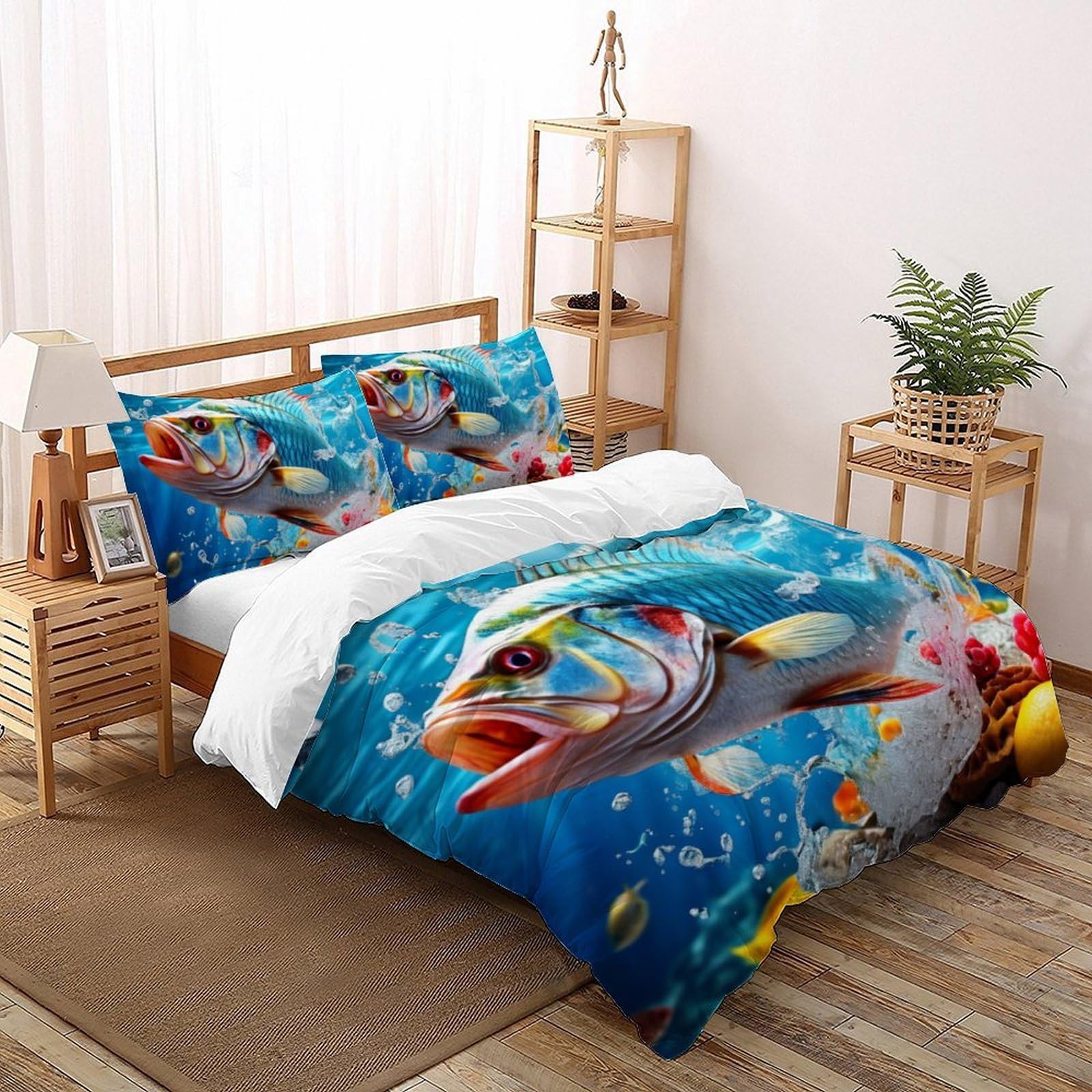 Housse de couette 3D enfants motif poisson bar 220x240 avec 2 taies d'oreiller zippées