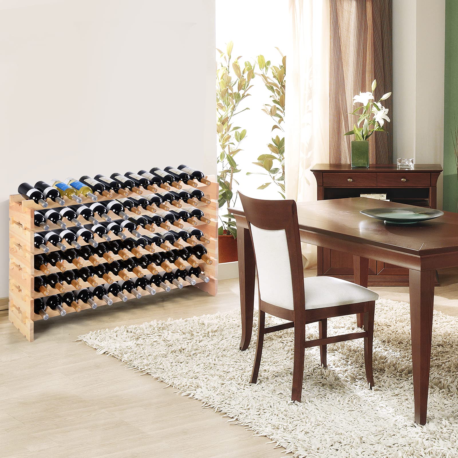KOMFOTTEU Botellero de Madera para 72 Botellas, Estantería de Vino Apilable de 6 Niveles, Soporte para Botellas de Pie, Armario para Vino con Carga 90 kg, para Bar, Bodega, 119 x 29 x 71,5 cm