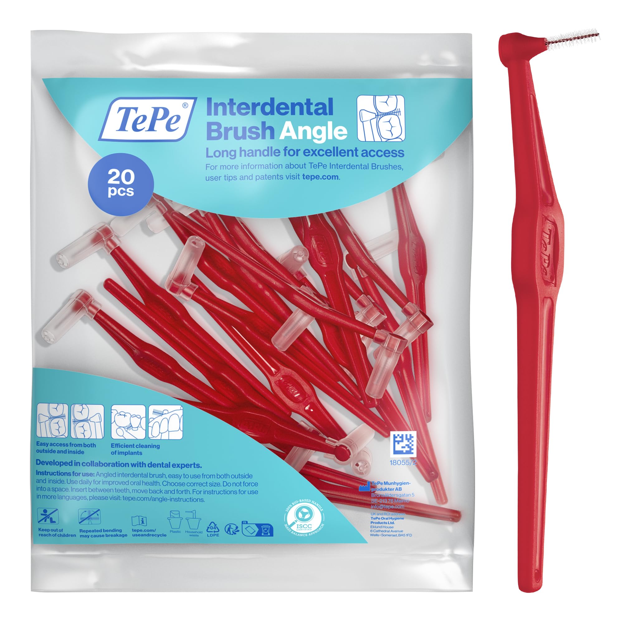 TePe Interdental Brush Angle, Red, 0.5mm/ISO 2, 20pcs