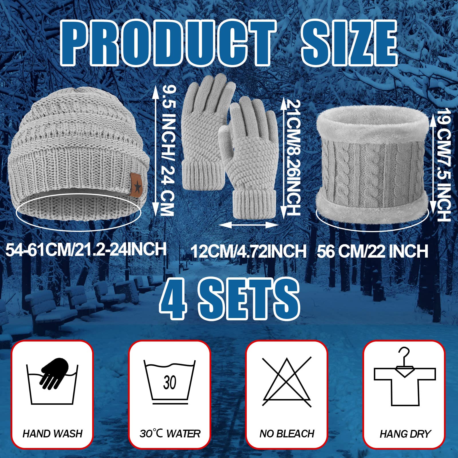 12pcs Winter Beanie Hat Scarf Gloves Set Thick Beanies Hat Knit Skull Cap Neck Warmer Touchscreen Gloves for Men Women(Beige, Pink, White, Gray)