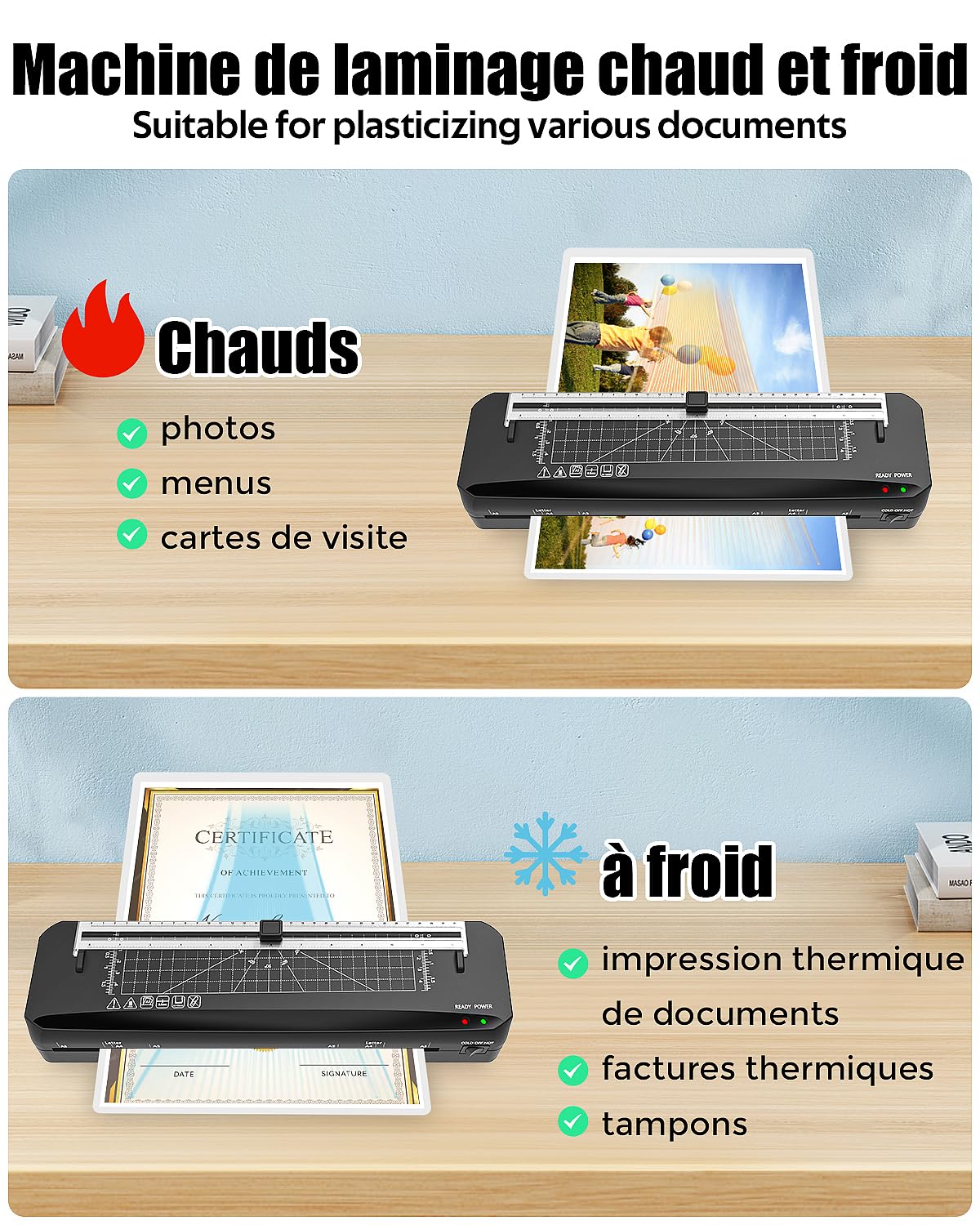 Laminator A3 z 50 foliami do laminowania, szybkie nagrzewanie, 70 sekund, laminowanie na gorąco i na zimno, z wbudowaną przecinarką do papieru, do domu, szkoły, biura