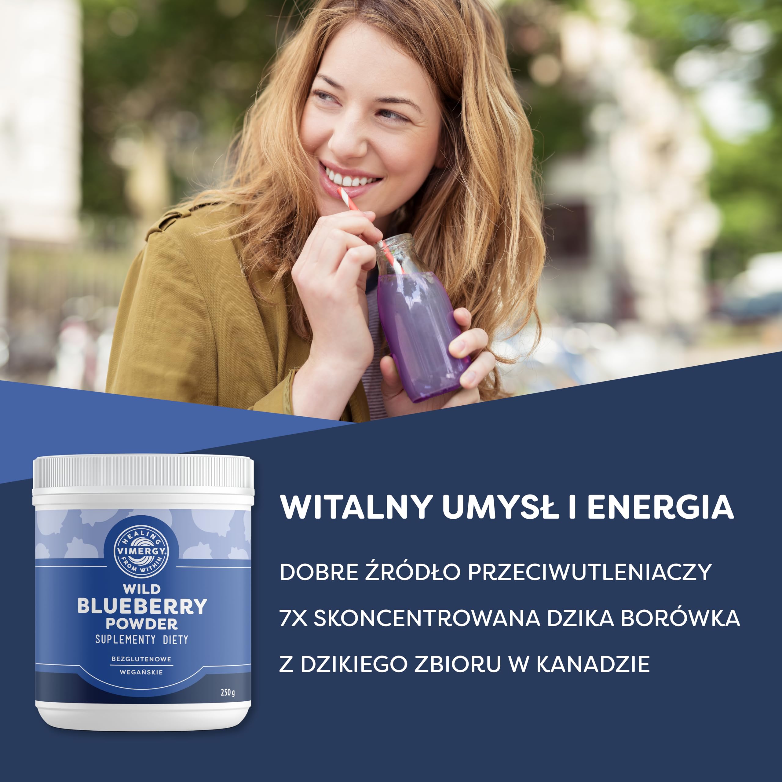 Vimergy Dzika Borówka w Proszku, 62 Porcje – Dzikie Borówki – Proszek z Borówek z Całych Owoców – Suplement Wegański – Bez Dodatku Cukru i Wypełniaczy – Bez GMO i Bezglutenowy (250 g)