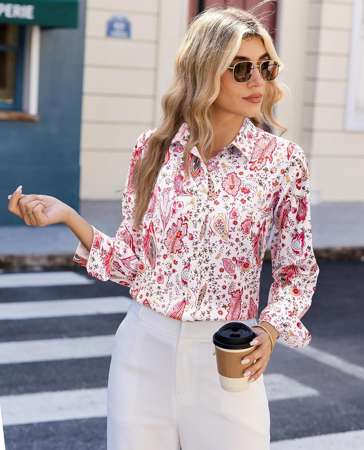 siliteelon Women Button Down Shirts Dress Shirts Long Sleeve Classic-Fit Cotton Floral Print Women Shirt XL image 5