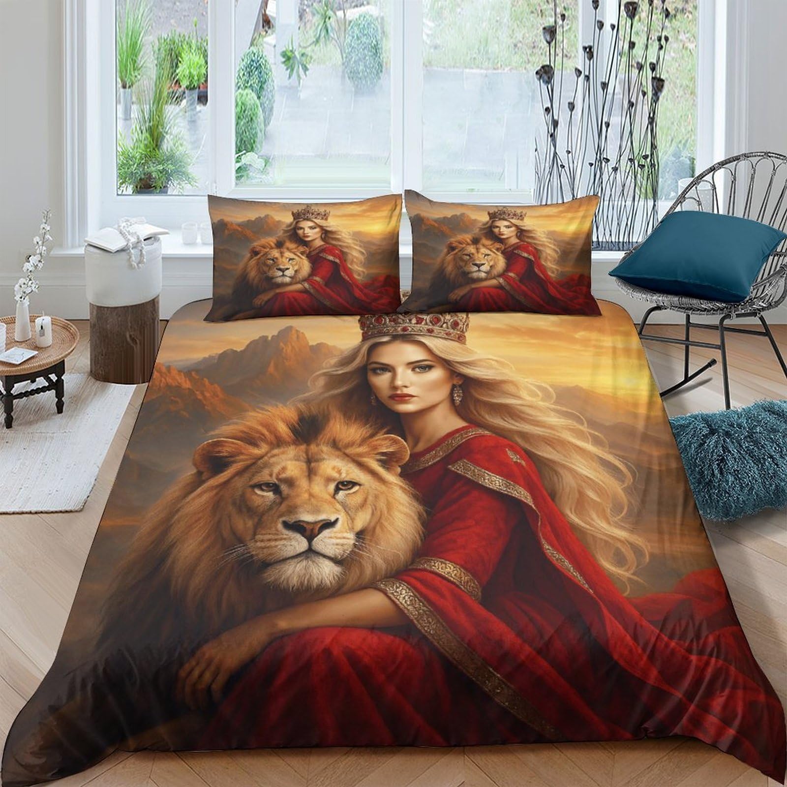 3D Printed Lion Queen Duvet Cover Microfiber Soft Breathable Sunset Art Bedding Set with 2 Pillowcases for Bedroom Decor Single（135x200cm）