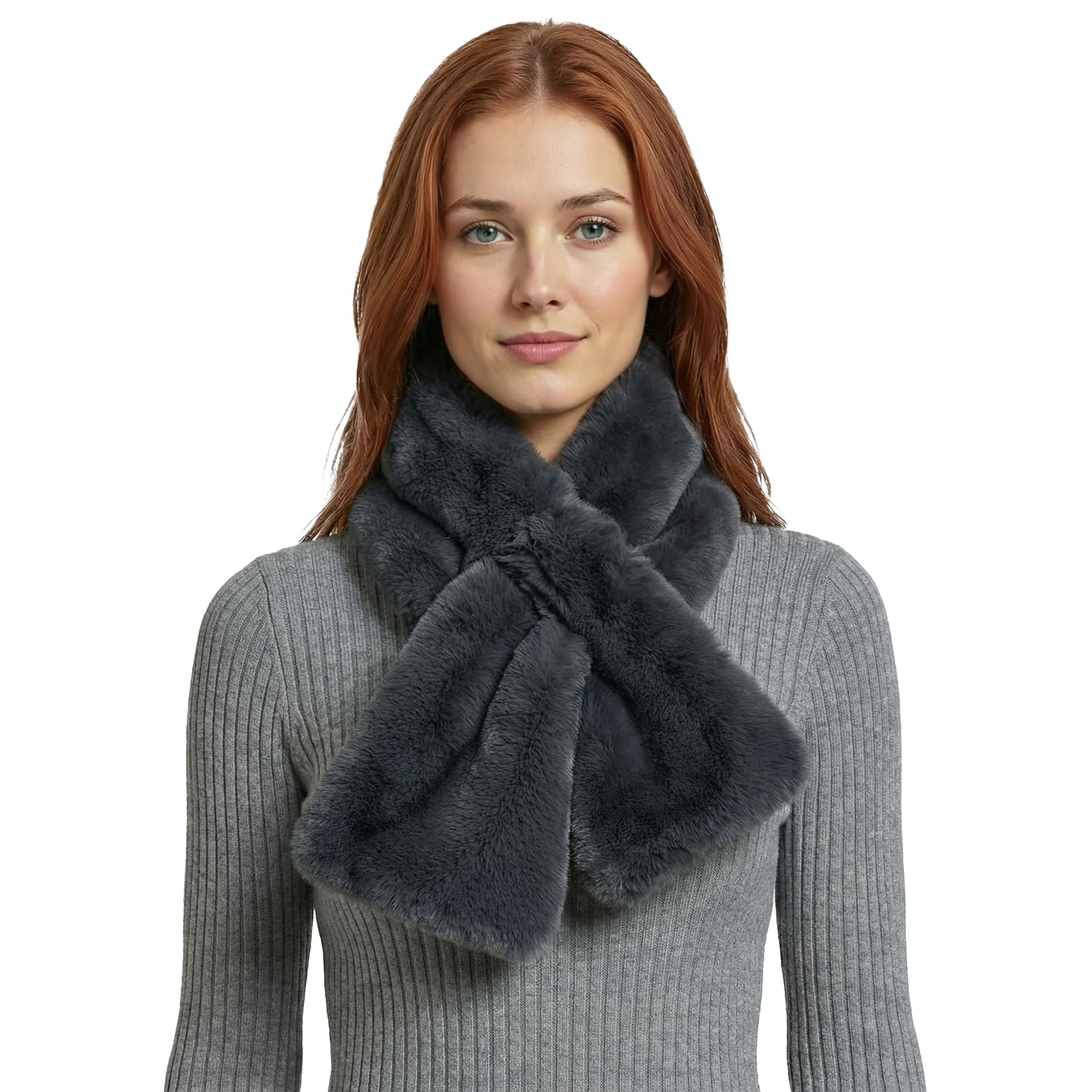 Basic Sense Women's Dark Grey Faux Fur Scarf Fluffy Pull Through Neck Warmer With Holder,