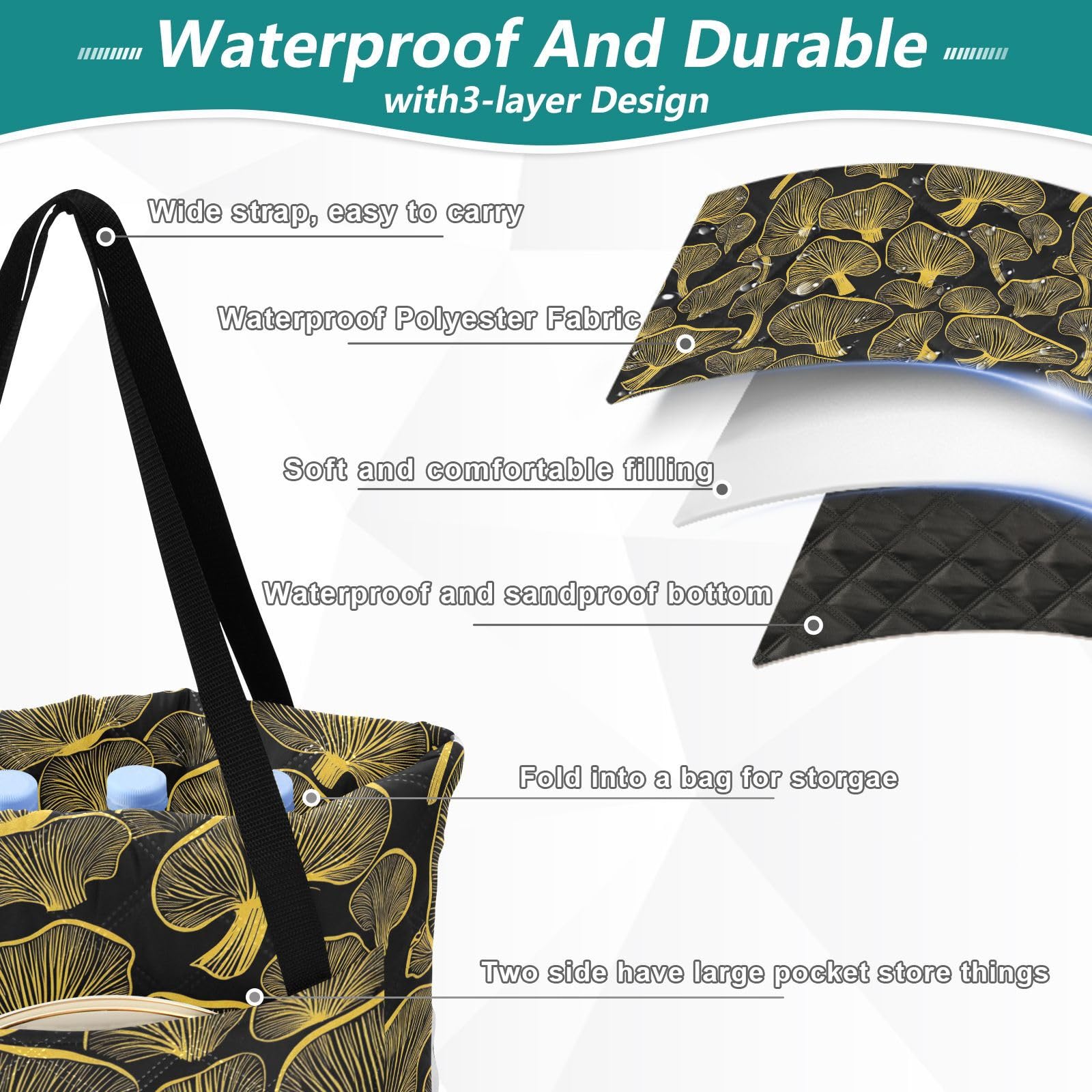 Lake Day Essentials Coperta da picnic impermeabile pieghevole per donne anni '30 coppie regalo pianta fungo oro nero alfombra para Playa
