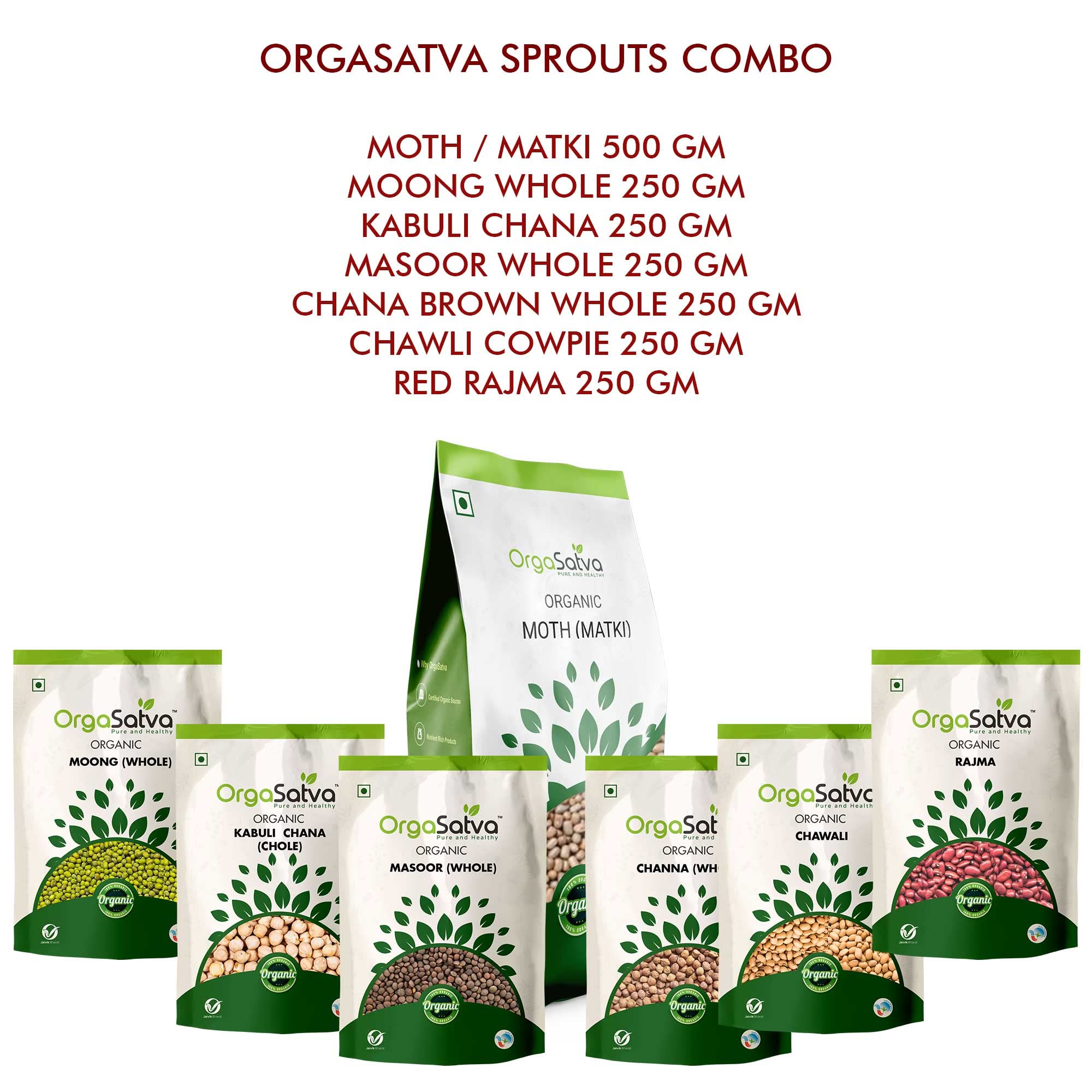 OrgaSatva Organic Sprouts Combo (Moth 500 gm, Chana brown 250 gm Moong Green 250 gm, Masoor Whole 250gm, Kabuli Chana 250 gm, Chawli/Cowpea 250 gm, Rajma 250 gm) Total Weight 2 Kg Active