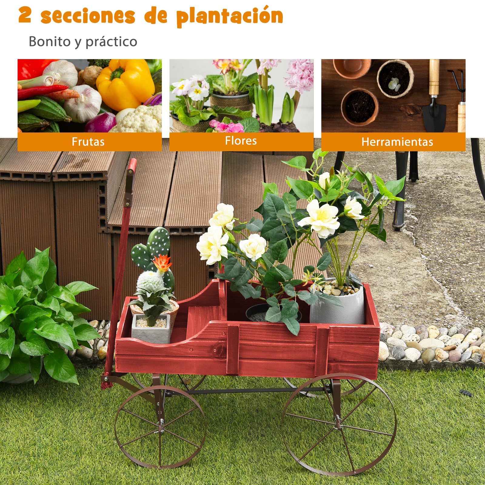 SOARS Soporte para flores, carrito de flores con 4 ruedas de metal, soporte para plantas de madera maciza, jardinera decorativa, carrito de madera, carrito para jardín y balcón (rojo)