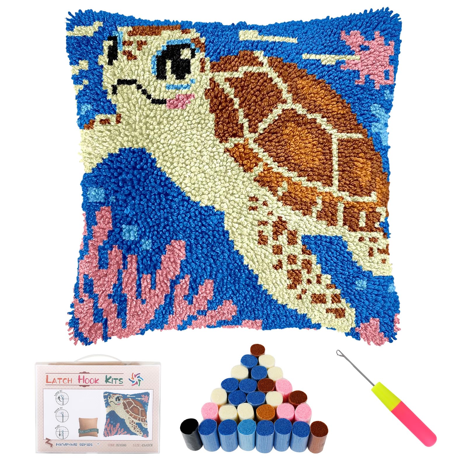RHAIQBVC Highland Cow Latch Hook Kits, 17x17in Cute Animals Latch Hooks Pillow,DIY Crochet Cushion Cover with Yarn Hook, Handmade Craft Gift for Adults Beginners(Turtle)