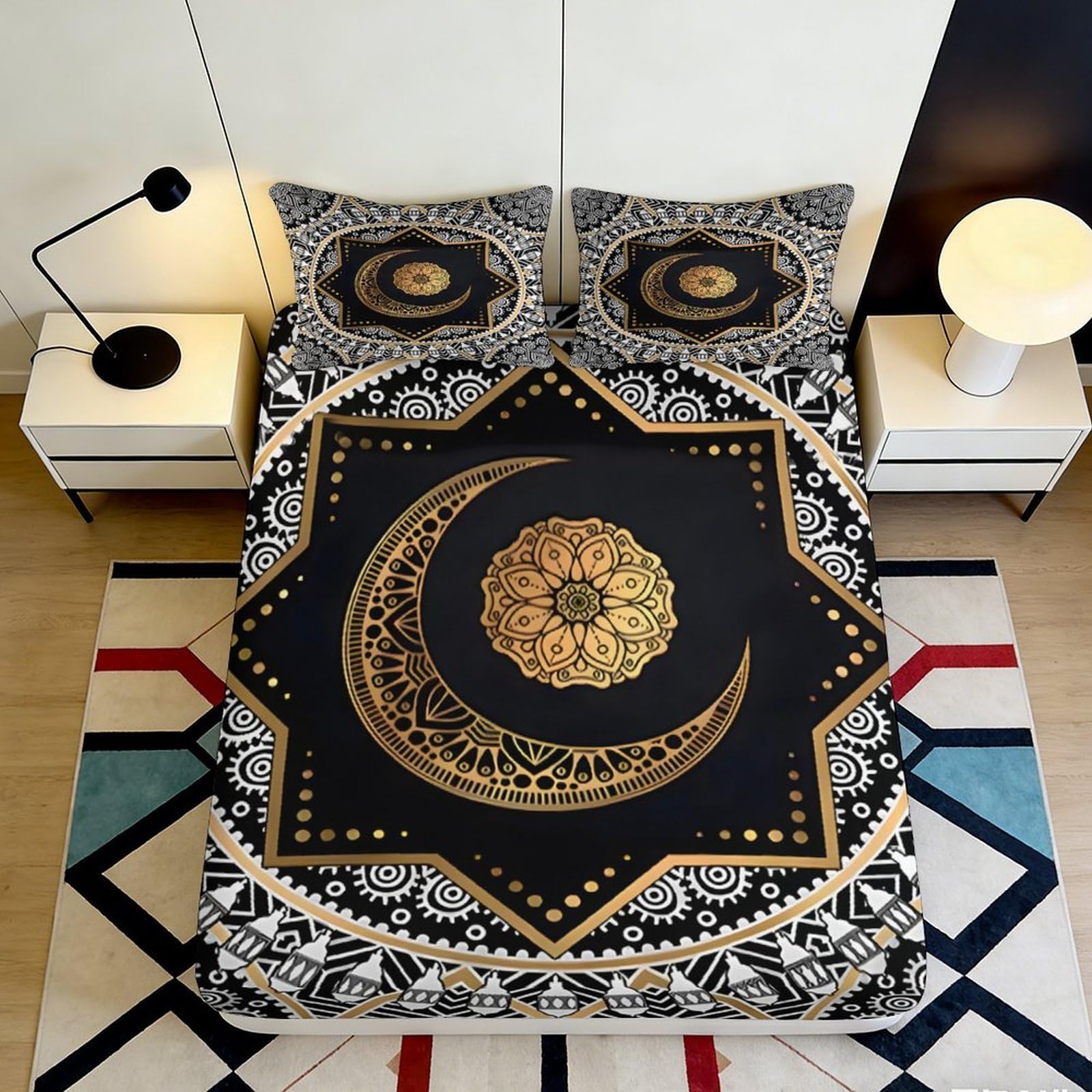 3D Printed Moon Mandala Fitted Sheet Microfiber Soft Black Gold Boho Sun Mattress Cover for Bedroom Dorm Decor 90x200x25cm