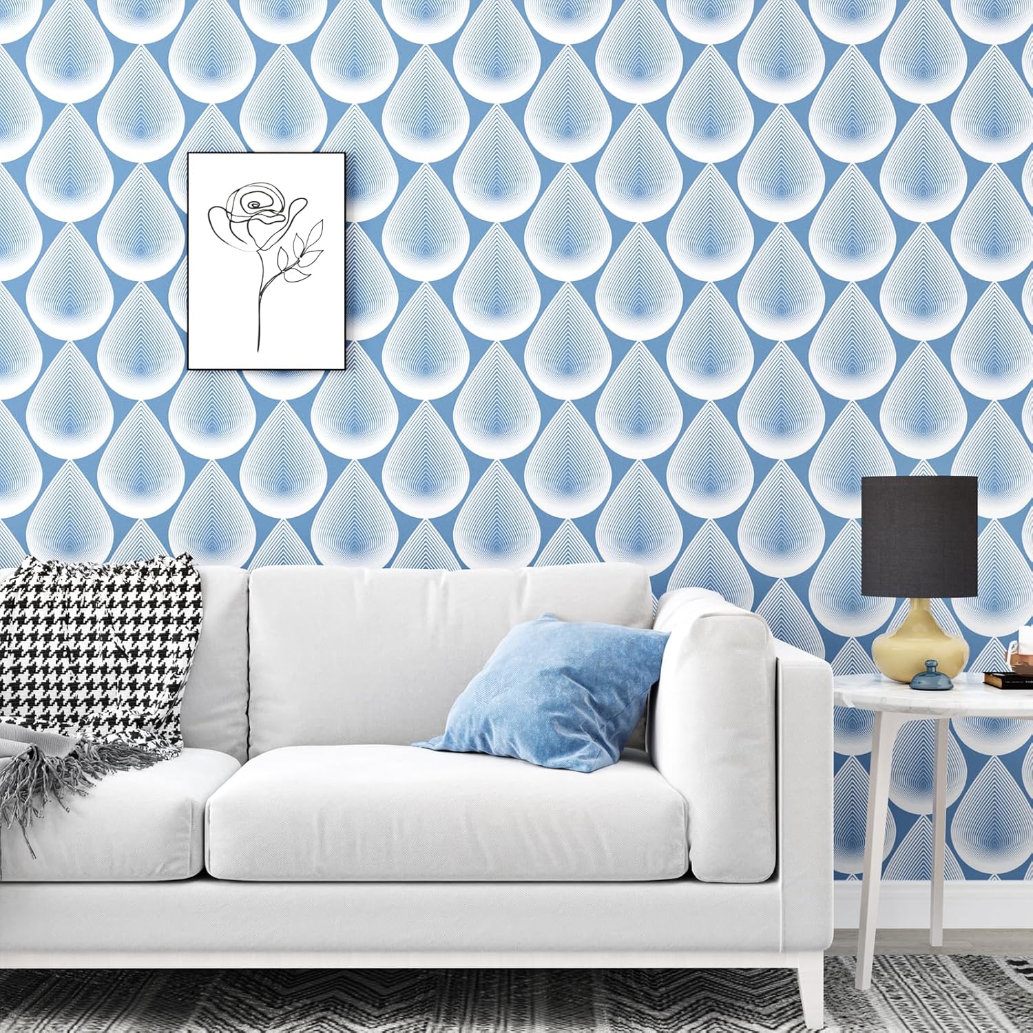 Blue Geometric Peel and Stick Wallpaper Modern Waterdrop Geometric Contact Paper Bohemian Wallpaper Self-Adhesive Boho Abstract Wall Paper for Bedroom Kitchen Wall Decor Cabinets 17.5"×118"