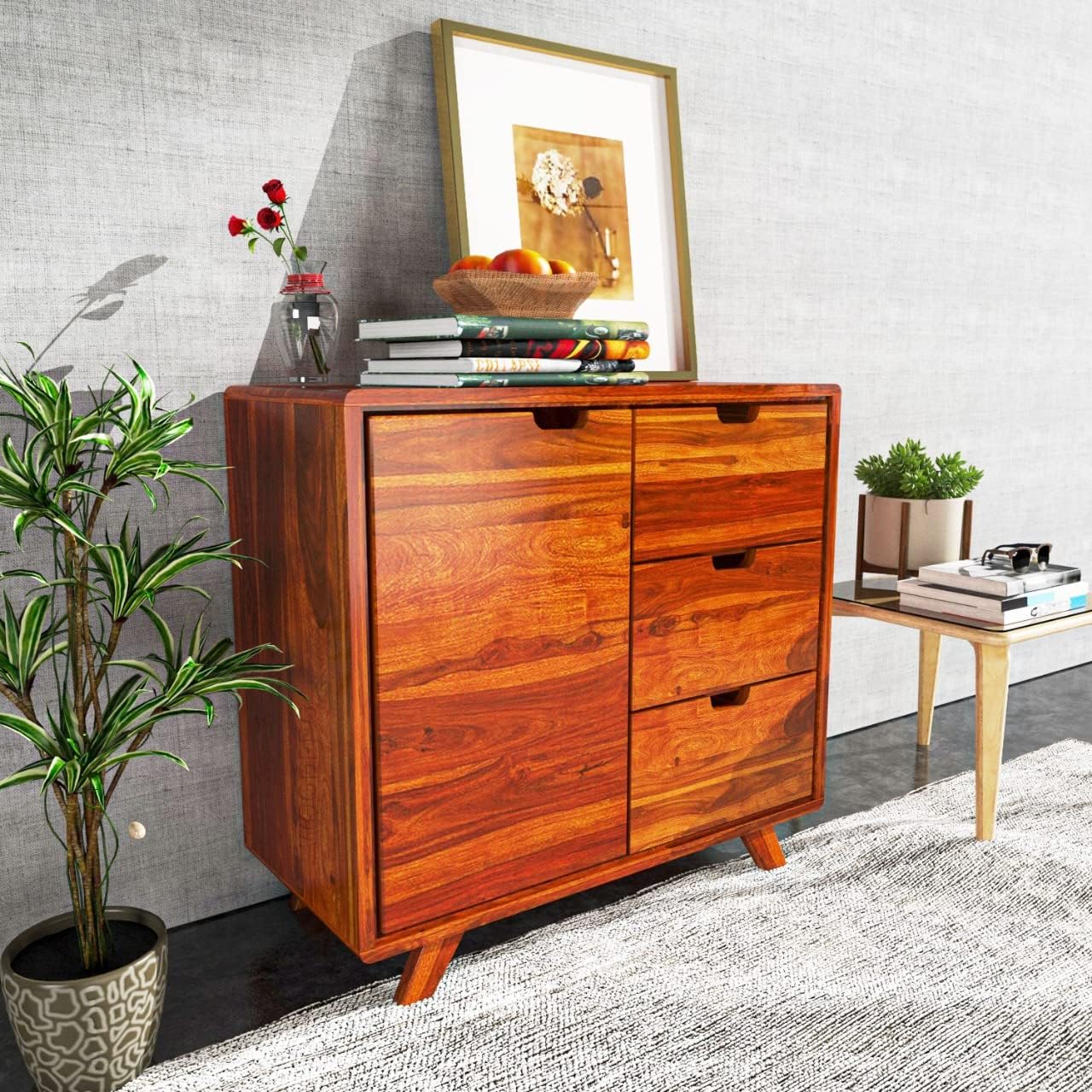 Solid Wood Side Board Cabinet for Living Room | Sideboard & Cabinet with 3 Drawers & One Cabinet Storage | Books | Sheesham Wood, Honey Finish-image-15
