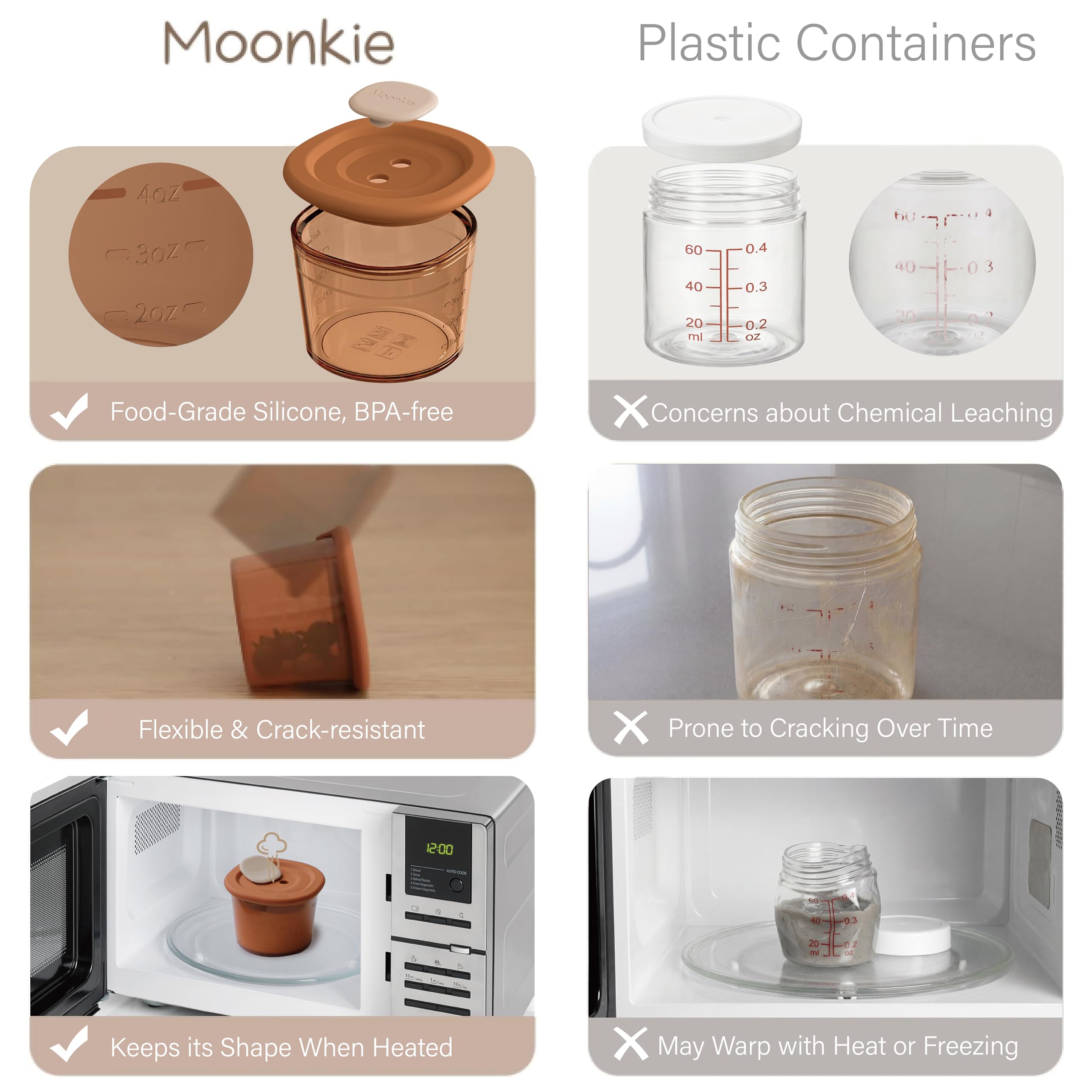 Moonkie Petit Pot Conservation Bébé en Silicone, Lot de 6 Pots Bébé Repas 120ml, Pots de Conservation Hermétiques avec Graduation, Sans BPA, Résistent au Choc Thermique & Congélation
