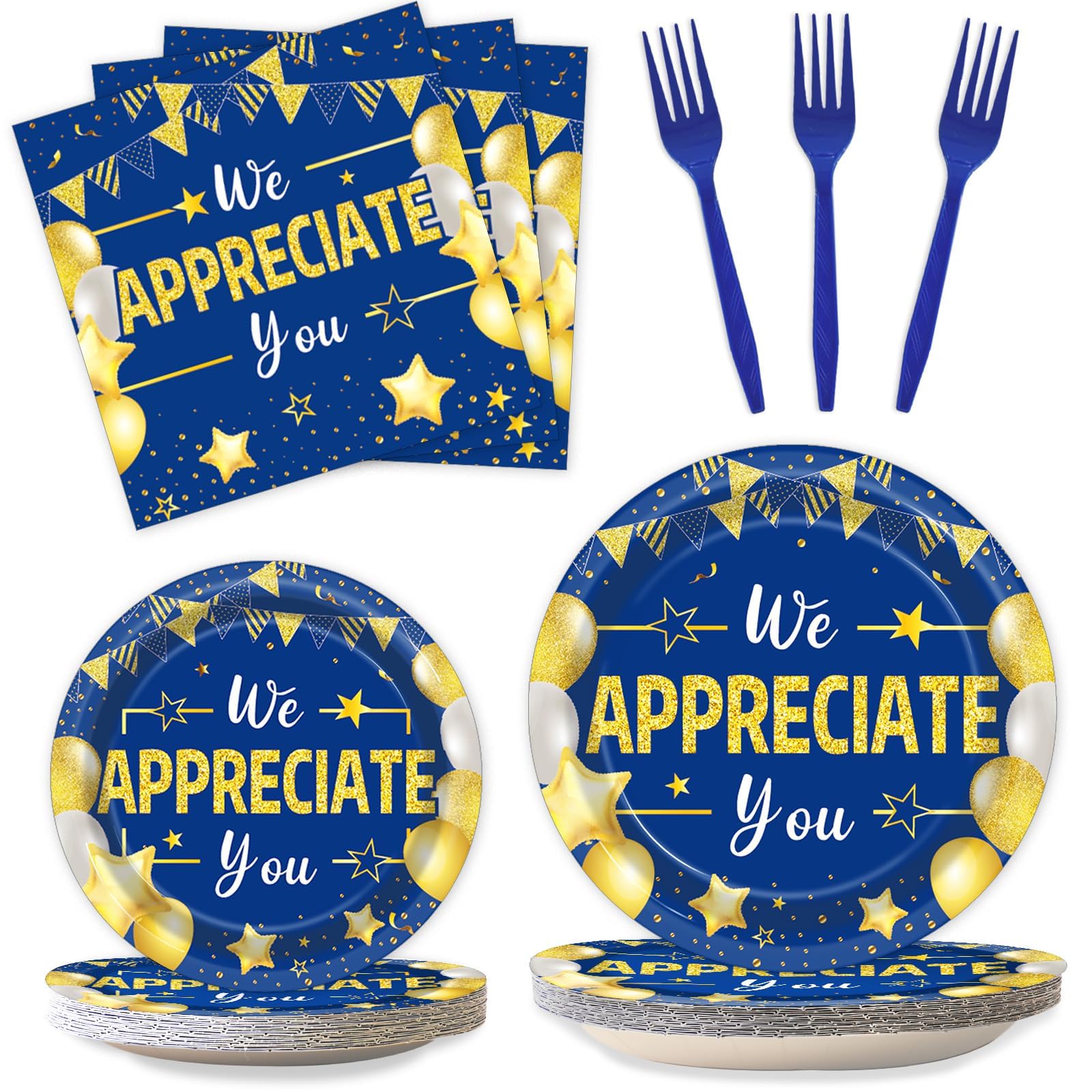 96Pcs We Appreciate You Party Plates and Napkins for Employee Staff Appreciation Blue Gold Supplies Work Anniversary Themed Plate Thank You Tableware