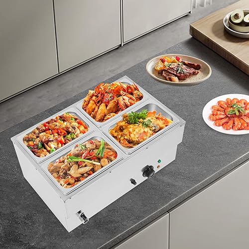 Miniatura 2 de Calentador de alimentos eléctrico comercial de 4 sartenes, calentador de alimentos Bain Marie de acero inoxidable de 600 W, con tapas, mesa de