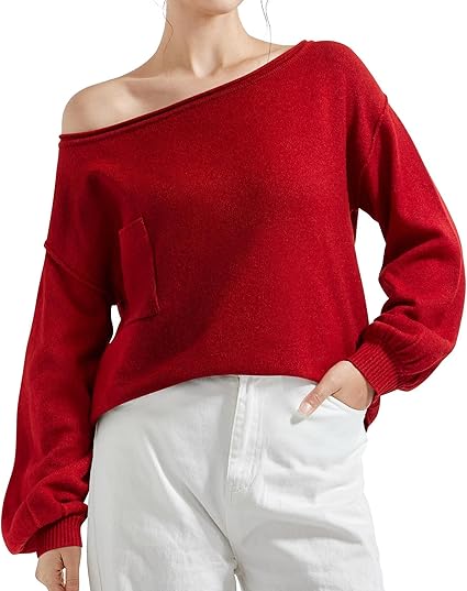 SUUKSESS Women Off The Shoulder Fall Sweaters Long Sleeve Boat Neck Oversized Pullover Sweater Tops