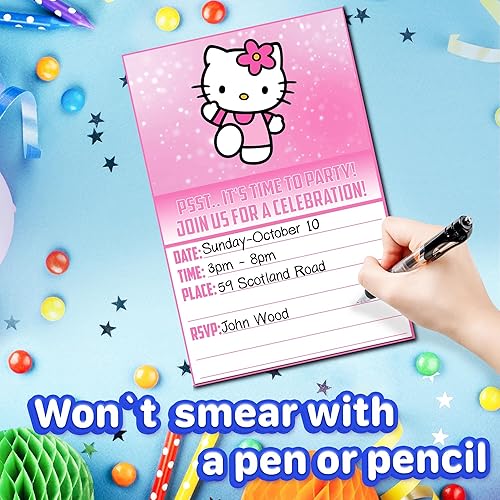 Miniatura 5 de Juego de 20 tarjetas y sobres de invitación de cumpleaños inspirados en gatos rosados, ligeros (8.47 oz), invitaciones estilo postal para el paquete