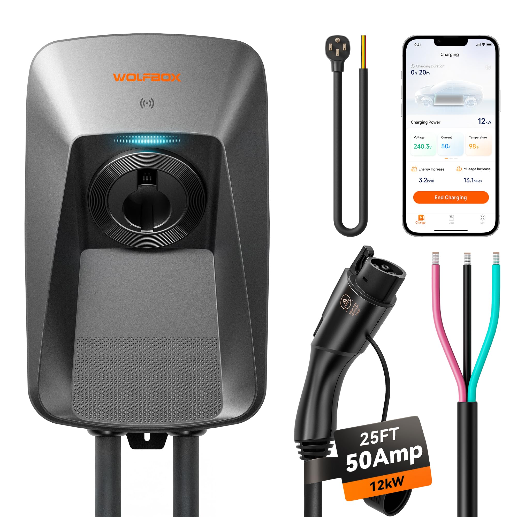 WOLFBOX Level 2 EV Charger 50A - J1772, 25ft, Indoor/Outdoor