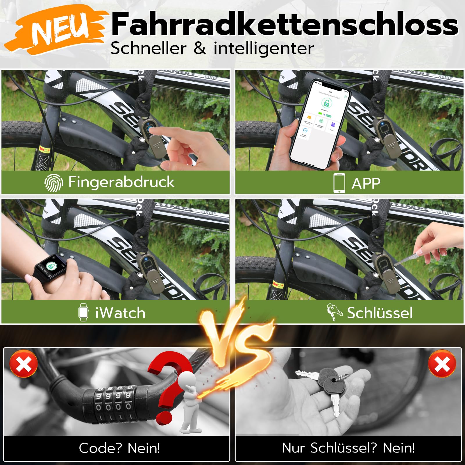 Eseesmart Lucchetto per bicicletta con impronte digitali con chiave, 8 mm, 1000 mm, lungo lucchetto a catena per bicicletta, alta sicurezza, anti-furto, impermeabile, per bicicletta e-scooter
