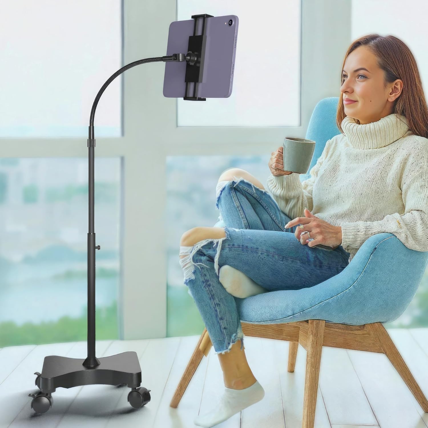 LEVO Adjustable Height Floor Stand on Wheels for Tablet & Phone - Gooseneck Holder Mount with Stable Base - Compatible with All Cell Phones & Tablets (4-13 inch) - Black with Casters