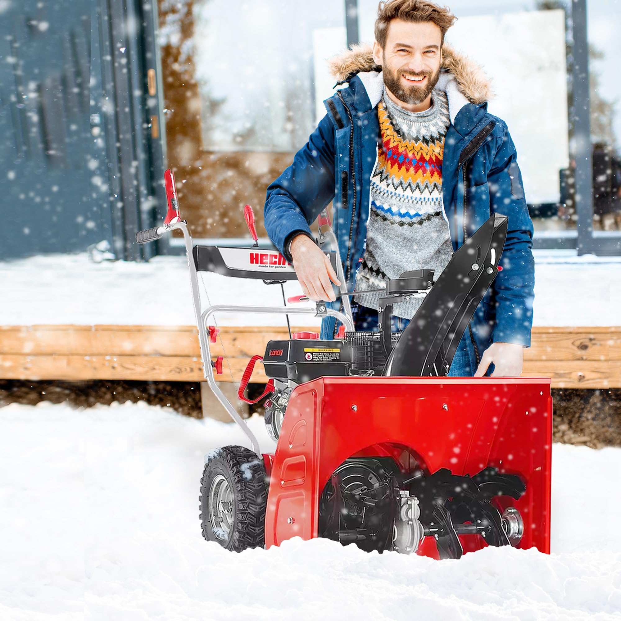 HECHT Benzin Schneefräse 61 cm – 2-stufig, 13 m Auswurfweite | 53 cm Arbeitshöhe, drehbarer Auswurfkamin, 6 Vorwärts- & 2 Rückwärtsgänge – für Hof, Einfahrt und Gehweg
