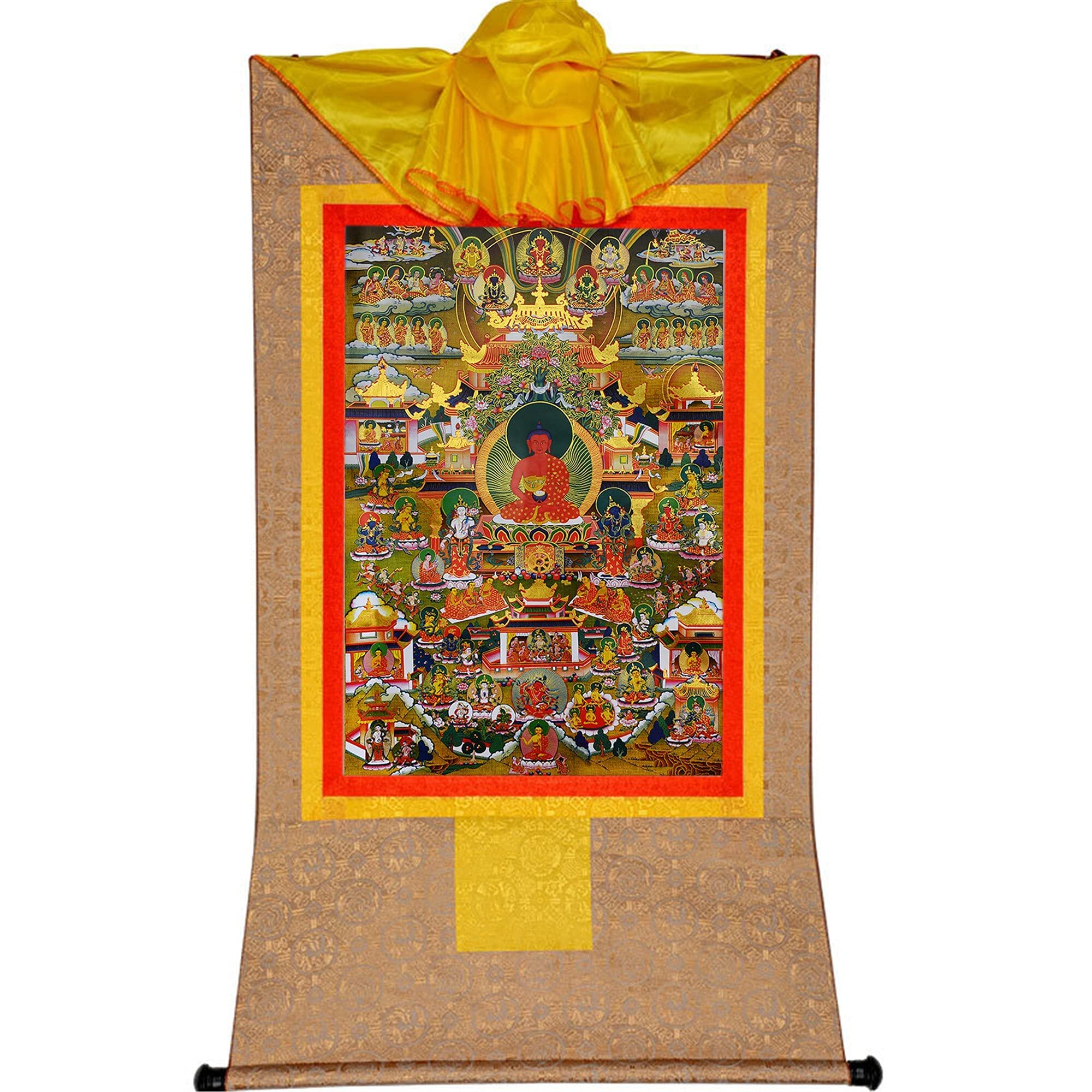 Gandhanra Tibetan Buddhist Thangka Wall Hanging,Amitabha Pure Land Thangka - Elysium of Buddhism,Hot Stamped Brocade Buddhist Tapestry for Zen Home Decor, Meditation, Spiritual Relaxation