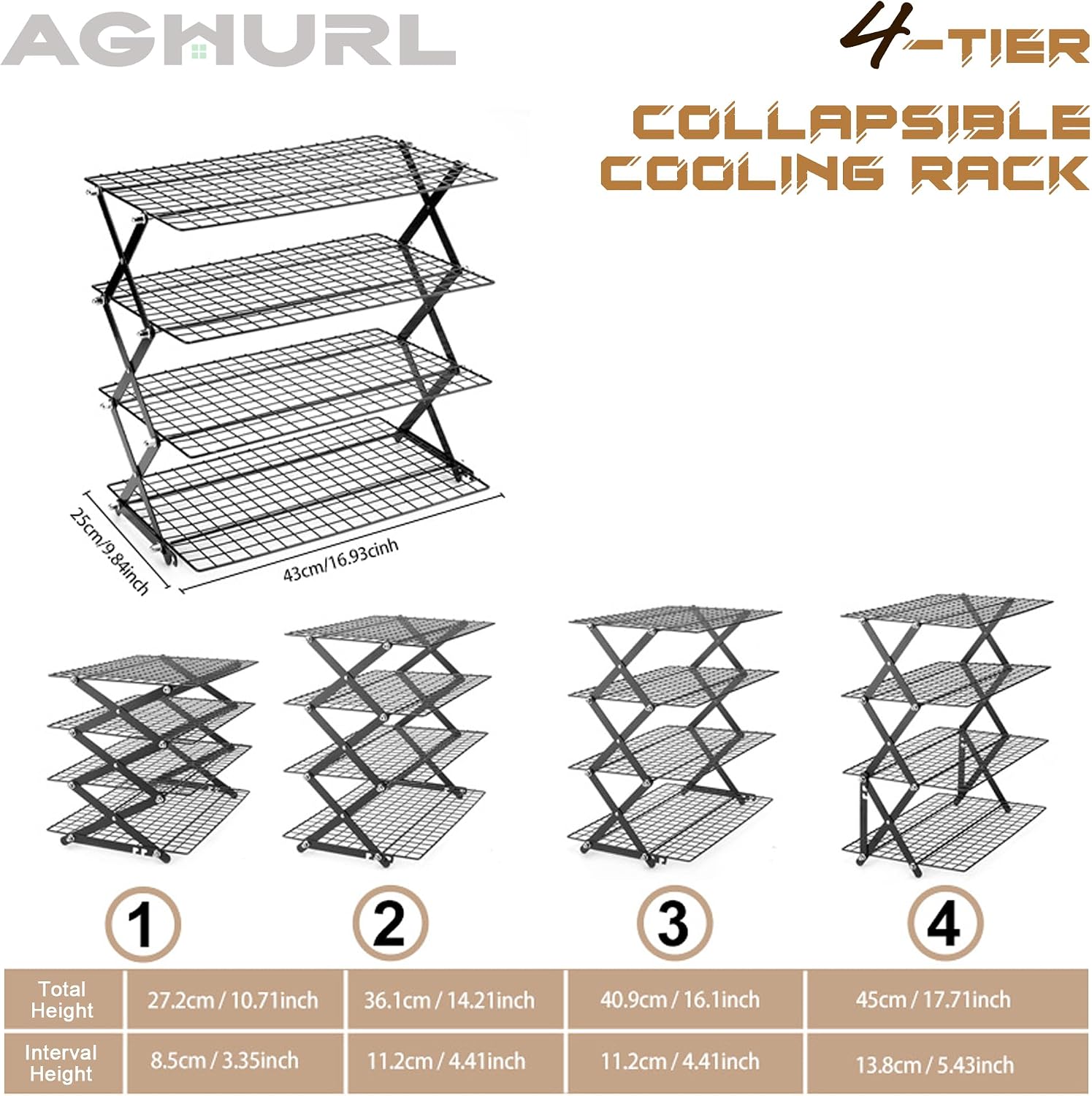 4-Tier Collapsible Cooling Rack, Adjustable Baking & Grilling Rack